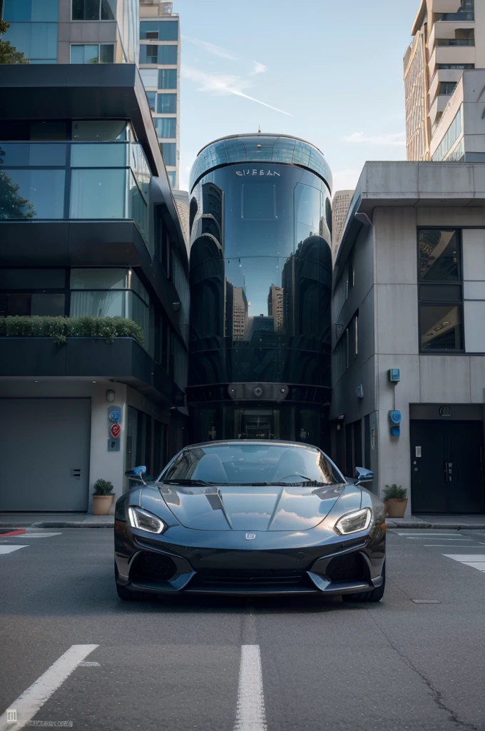 (best quality,4k,8k,highres,masterpiece:1.2),ultra-detailed,(realistic,photorealistic,photo-realistic:1.37), blue car, parking lot, buildings, full view of a car, sky blue, front view, luxurious, full car, new vehicle, urban streetscape, modern city, busy scene, vibrant atmosphere, glossy paint, shining headlights, sleek design, flawless exterior, polished surface, fresh from the showroom, reflection of surrounding buildings, urban lifestyle, bustling cityscape, dynamic energy, fashionable statement, sunlit setting, high-rise buildings, glass facades, contemporary architecture, urban sprawl, modernity blended with nature, serene blue sky, clean lines, flawless metallic finish, attention to detail, impeccable craftsmanship, urban mobility, advanced technology, refined elegance, cutting-edge automotive engineering, sophisticated aesthetics, seamless integration, outdoor parking, inviting spaces, symmetry and balance.