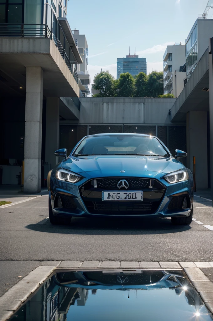(best quality,4k,8k,highres,masterpiece:1.2),ultra-detailed,(realistic,photorealistic,photo-realistic:1.37), blue car, parking lot, buildings, full view of a car, sky blue, front view, luxurious, full car, new vehicle, urban streetscape, modern city, busy scene, vibrant atmosphere, glossy paint, shining headlights, sleek design, flawless exterior, polished surface, fresh from the showroom, reflection of surrounding buildings, urban lifestyle, bustling cityscape, dynamic energy, fashionable statement, sunlit setting, high-rise buildings, glass facades, contemporary architecture, urban sprawl, modernity blended with nature, serene blue sky, clean lines, flawless metallic finish, attention to detail, impeccable craftsmanship, urban mobility, advanced technology, refined elegance, cutting-edge automotive engineering, sophisticated aesthetics, seamless integration, outdoor parking, inviting spaces, symmetry and balance.