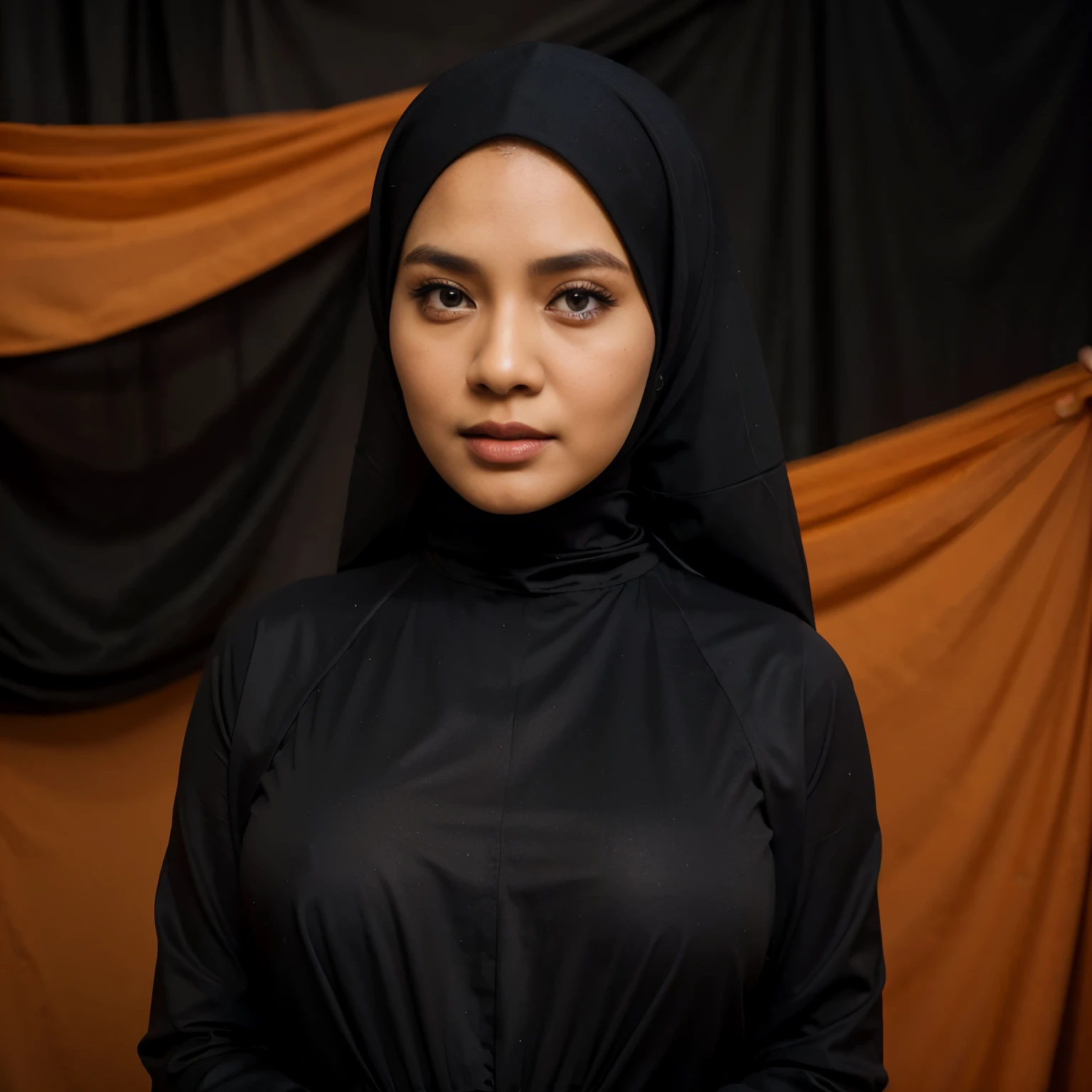 A 35 years old busty indonesian woman wearing black hijab and orange long dress. Potrait mode. Photo studio backgroud. Realistic. HD.