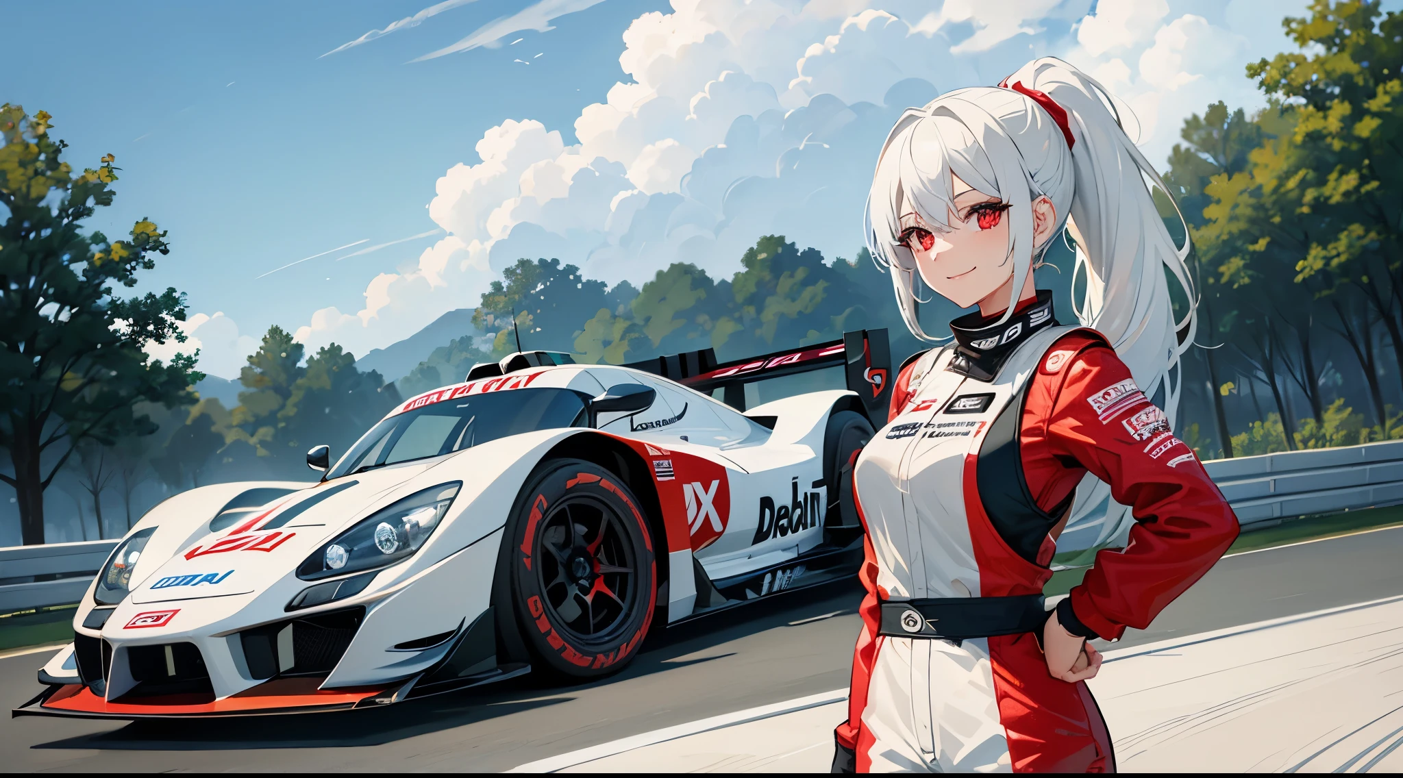 Top quality 1 person smiling girl white hair red eyes ponytail big breasts motorsport racing driver racing gloves green formula car