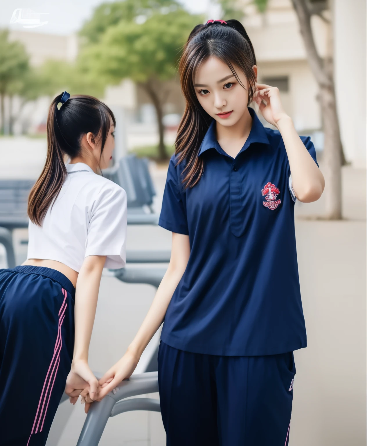 3 girls in fitness center, Navy blue short-sleeved shirt,Navy Long Trackpant,Sweatpants, Sweatpantsขายาว,25 year old girl, lesbian, sexy, exercise clothes, wet body, exercise clothes