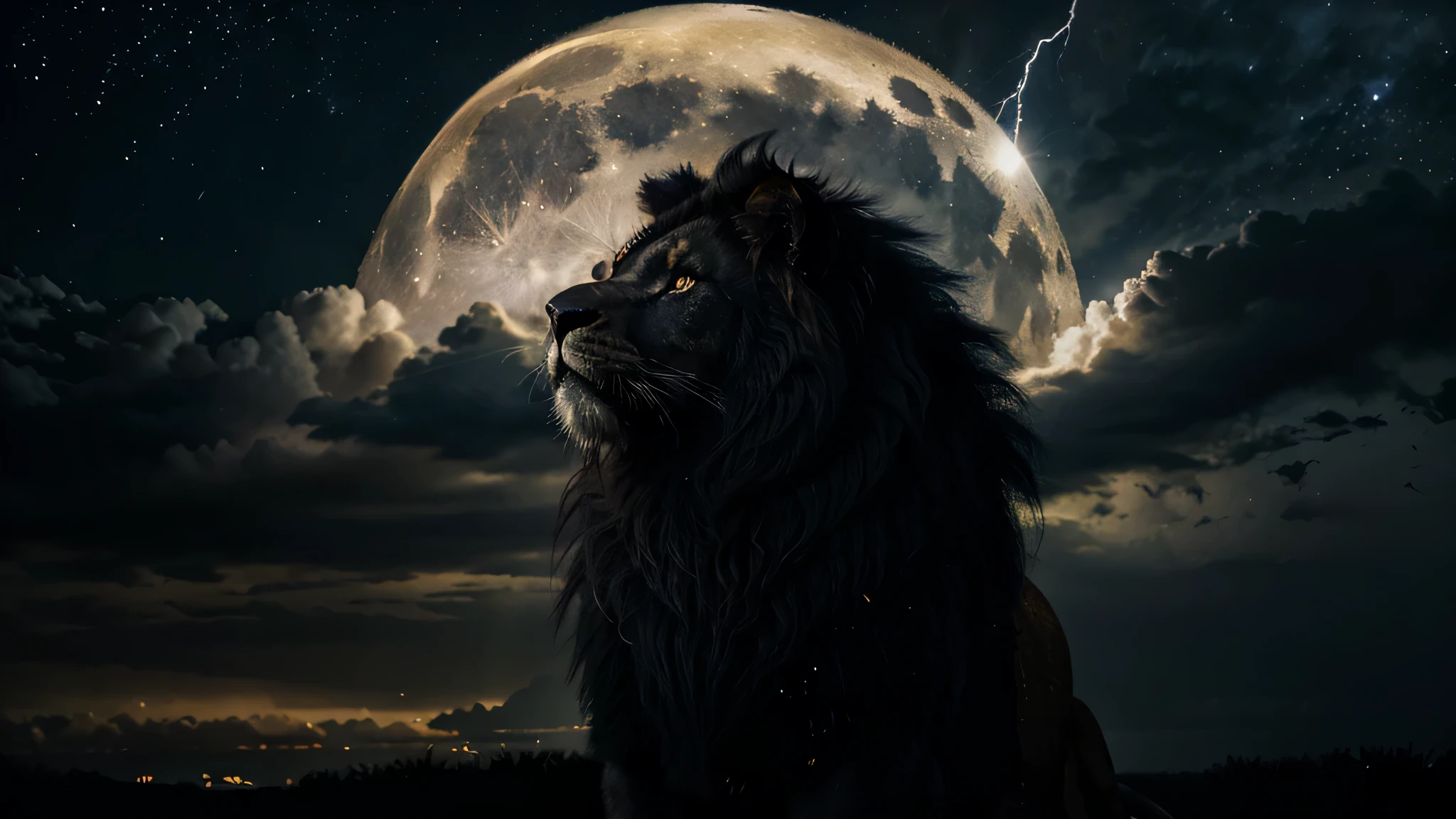 realistic black lion fierce and angry with golden crown on head, coroa dourada realista, black lion with realistic black fur, lion in front, full body black lion, nuvens de tempestade, lightning coming out of the crown, stars with galaxies in the dark sky, starry sky, strong lightning and lightning, Lua Cheia Realista, lua cheia bonita, gloriosa lua cheia, lua cheia entre as nuvens, fundo de imagem escuro ou preto
