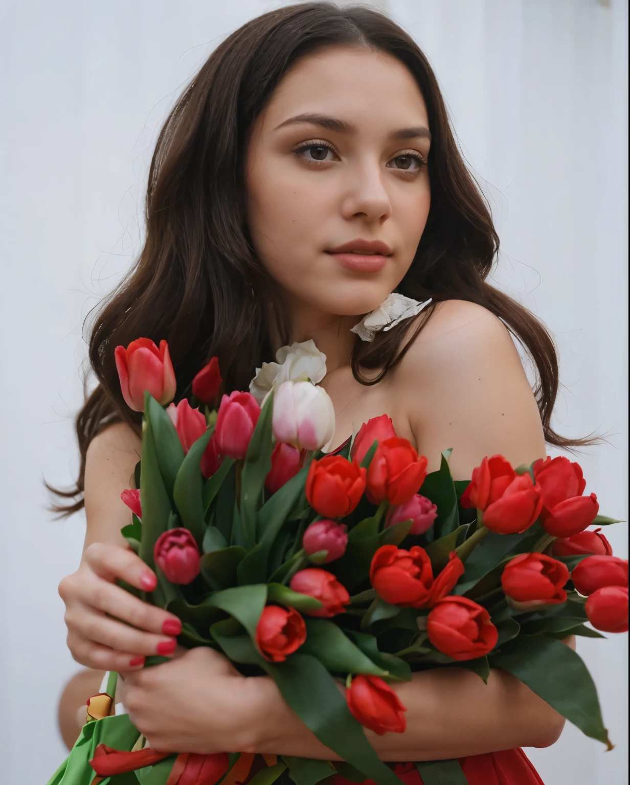 A girl with dark hair with red tulips in her hands