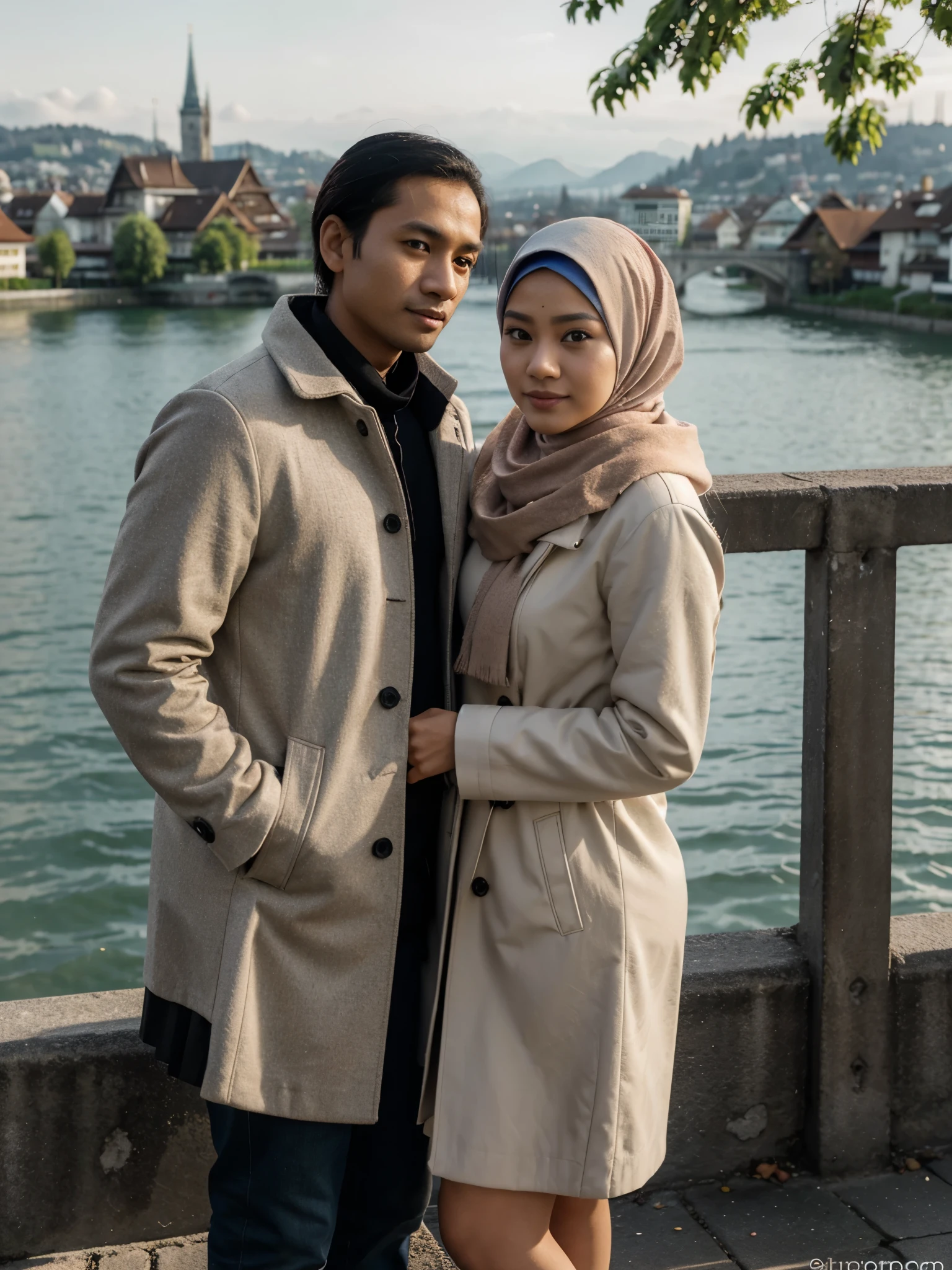 A couple romance Indonesian. A men 30 years old with Javanese woman 27 years old, clean face, long hijab, Indonesian-style skin, wearing a long coat winter, skirt) standing posing romance on luzern city Swiss, beautiful view, there is lake dan tree, cover by clouded arround. Natural lighting, sunrise light. ultra HD, real photo, very detailed, very sharp, 18mm lens, realistic, photography, leica camera