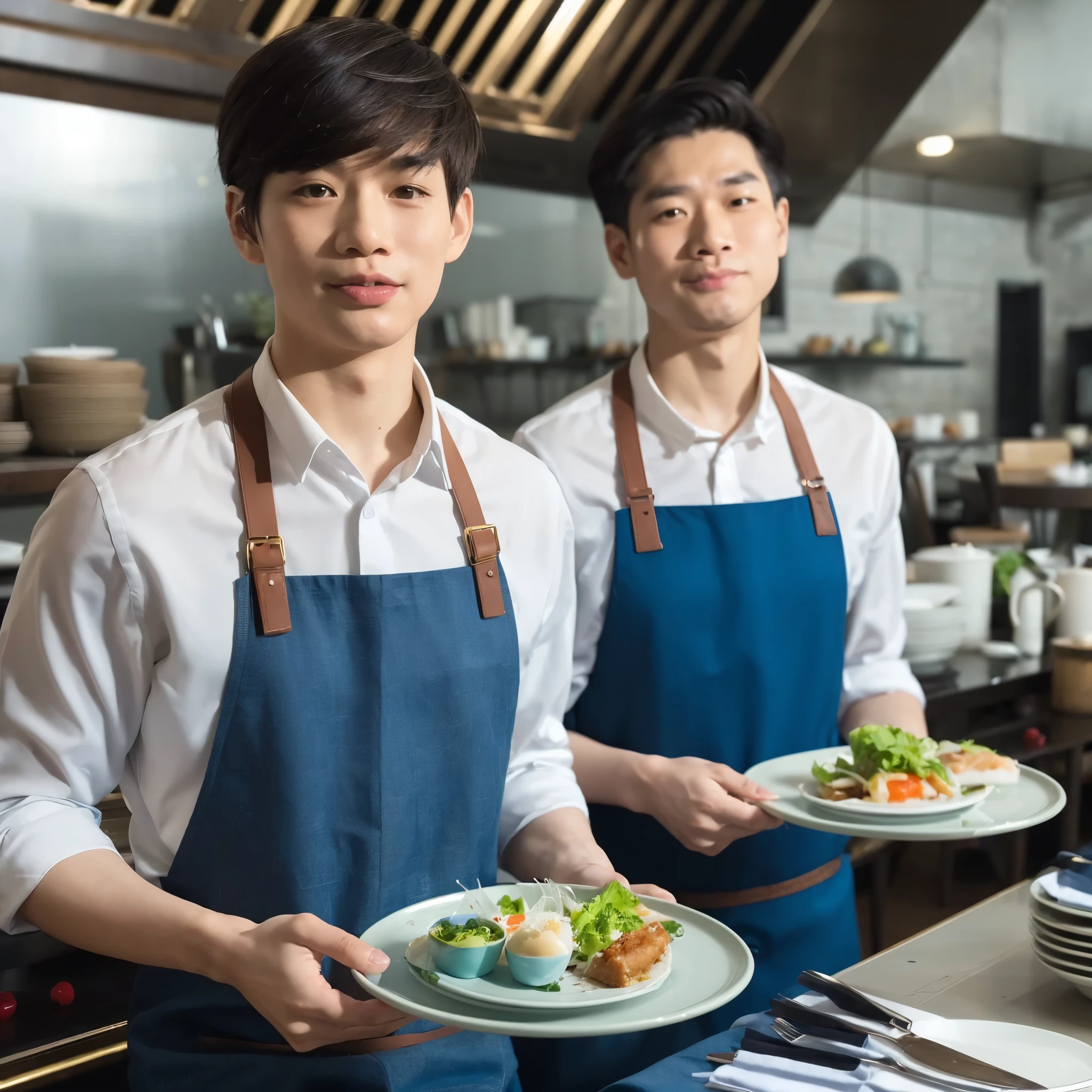 10 food dish are on round table with blue cloth, (((2 asian people enjoy eating, wearing formall dress))), good lighting, daytime, outdoor, people in the background, chair ties with gold blow, ((illustration)), ((( painting style))), duotone 