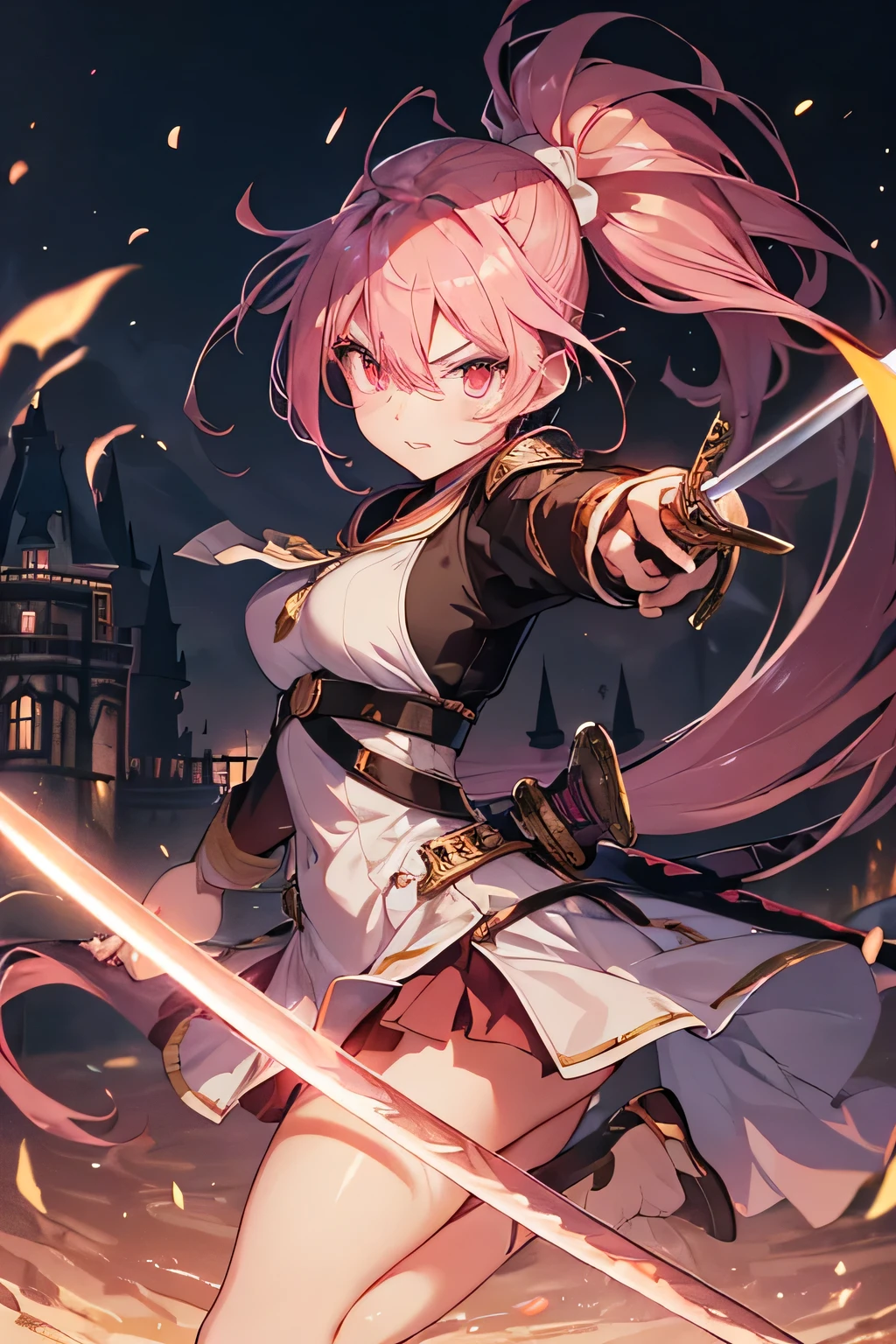 (High resolution, realistic, 4K, super detailed, masterpiece:1.2),only one girl, shining pink eyes, pink hair, ((long and high ponytail:1.3)), sailor knight, ((attack with a long sword:1.5)), Sword slash, Crazy laughter, flowing dress, dynamic pose, action packed, ((serious battle scene:1.2)), blood splatter, break, ((Symmetrical castle glass corridor:1.2)), golden lighting, dramatic lighting, Bright colors, enchanting beauty