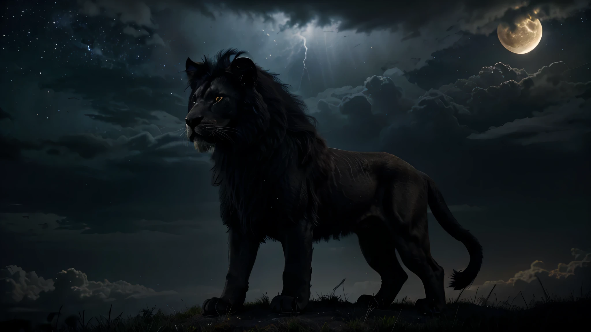 realistic black lion fierce and angry with golden crown on head, coroa dourada realista, black lion with realistic black fur, lion in front, full body black lion, nuvens de tempestade, lightning coming out of the crown, stars with galaxies in the dark sky, starry sky, strong lightning and lightning, Lua Cheia Realista, lua cheia bonita, gloriosa lua cheia, lua cheia entre as nuvens, fundo de imagem escuro ou preto