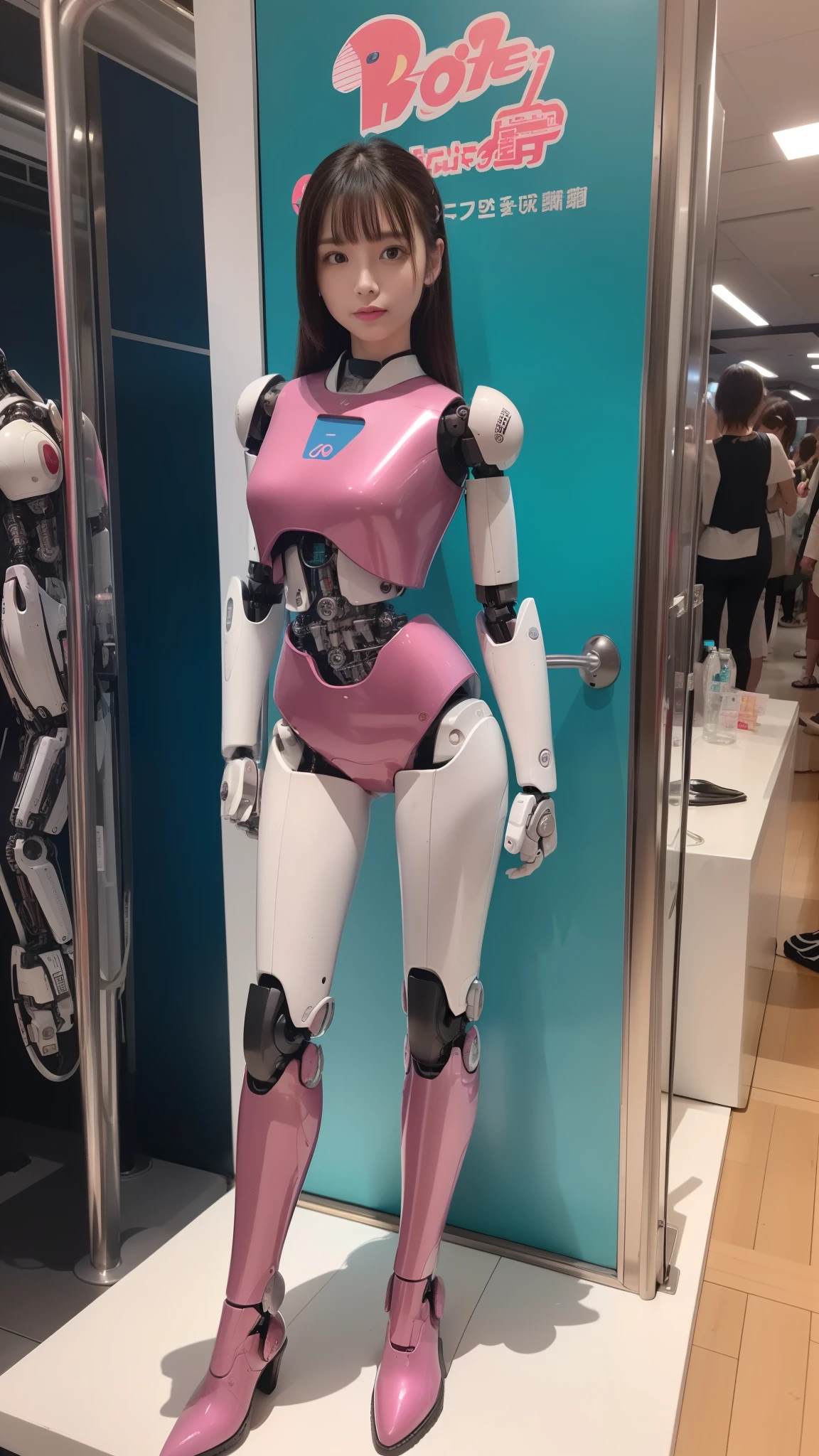 (Photorealsitic:1.4)、one robot woman、(top-quality)、(hyperdetailed face)、(Super well-formed face)、(Robot Parts)、(Female-Robot)、(25 years-old)、(Blue)、(pink there)、(Burgundy)、(metallic)、(full-body)、(sexy pose)、(Slender body)、(Model body type)、(full body mech)、(mechanical exposure)、(Akihabara)、(is looking at the camera)、(A dark-haired)、(Well-proportioned lady)、(a small face)、(a small head)、(well-groomed fingers)、(Idol)、(front facing)、(Standing with legs open)、(Photo session)、(Looks sad)、(perfect-female-robot)、(perfect-mechanical-body)