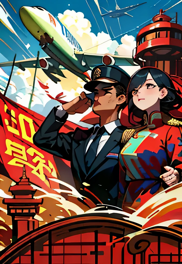 (masterpiece), (best quality), (Exquisite details), poster, Chinese , Wide-angle lens, a group of people, Chinese 微笑, Airline stewardess, Firefighters，doctor，pilot，One-piece suit, firm expression, Half-naked arms, passing flyer, gear, sky with passenger plane, Chinese Red Flag, (Red) Flag with gear and Wheat Print, city View, architecture, High-speed rail trains,  manifesto, Chinese,