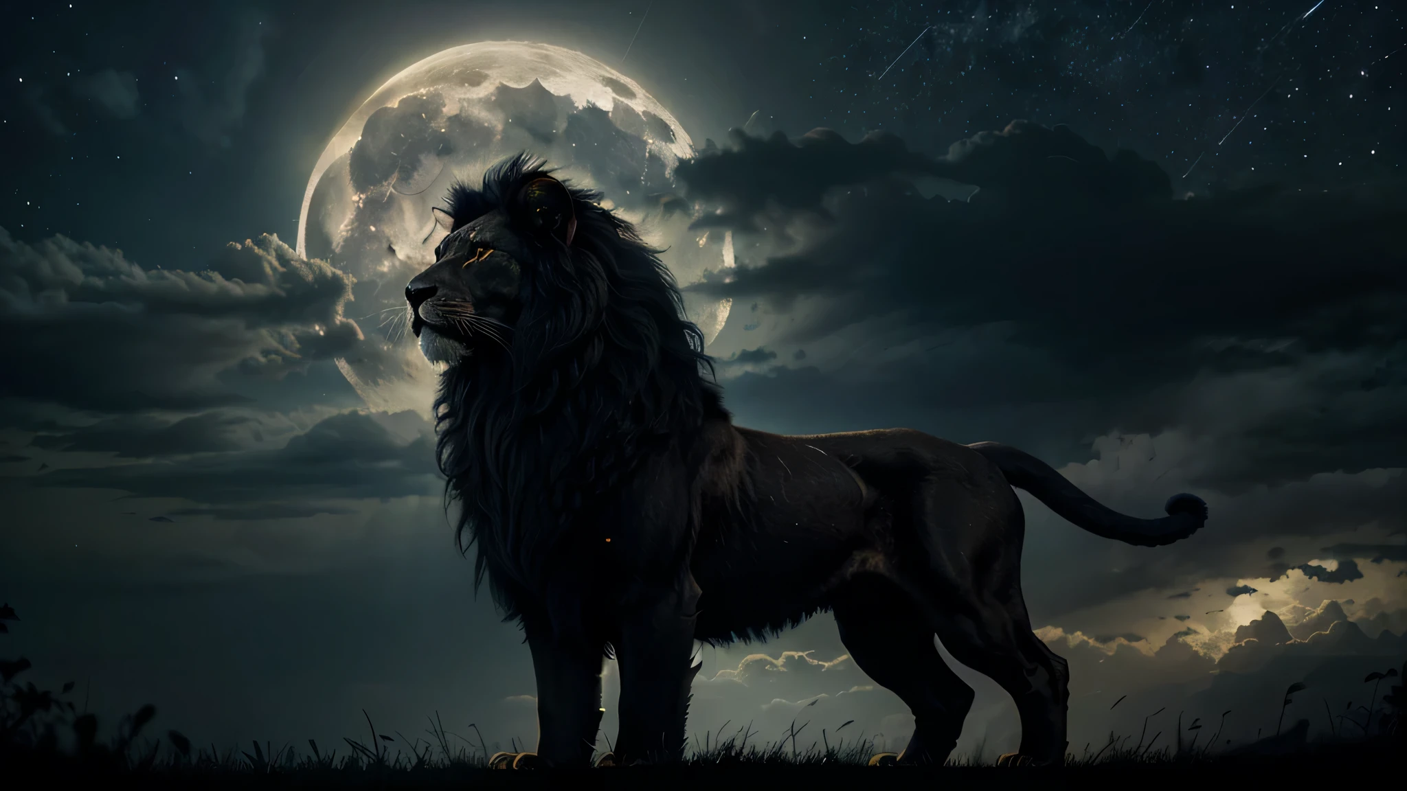 realistic black lion fierce and angry with golden crown on head, coroa dourada realista, black lion with realistic black fur, lion in front, full body black lion, nuvens de tempestade, lightning coming out of the crown, stars with galaxies in the dark sky, starry sky, strong lightning and lightning, Lua Cheia Realista, lua cheia bonita, gloriosa lua cheia, lua cheia entre as nuvens, fundo de imagem escuro ou preto