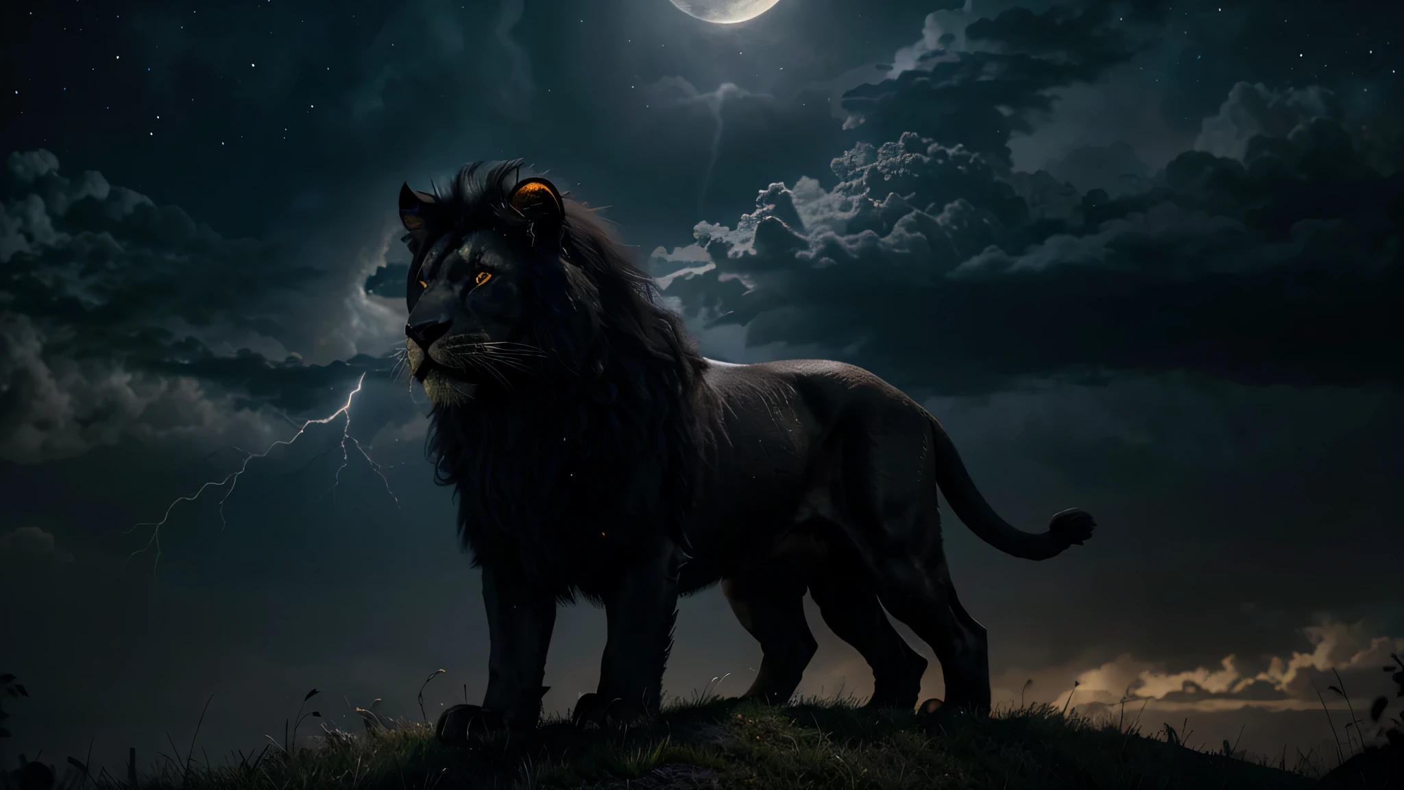 realistic black lion fierce and angry with golden crown on head, coroa dourada realista, black lion with realistic black fur, lion in front, full body black lion, nuvens de tempestade, lightning coming out of the crown, stars with galaxies in the dark sky, starry sky, strong lightning and lightning, Lua Cheia Realista, lua cheia bonita, gloriosa lua cheia, lua cheia entre as nuvens, fundo de imagem escuro ou preto