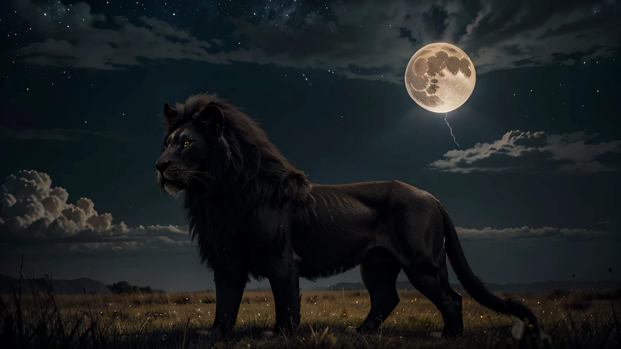 realistic black lion fierce and angry with golden crown on head, coroa dourada realista, black lion with realistic black fur, lion in front, full body black lion, nuvens de tempestade, lightning coming out of the crown, stars with galaxies in the dark sky, starry sky, strong lightning and lightning, Lua Cheia Realista, lua cheia bonita, gloriosa lua cheia, lua cheia entre as nuvens, fundo de imagem escuro ou preto