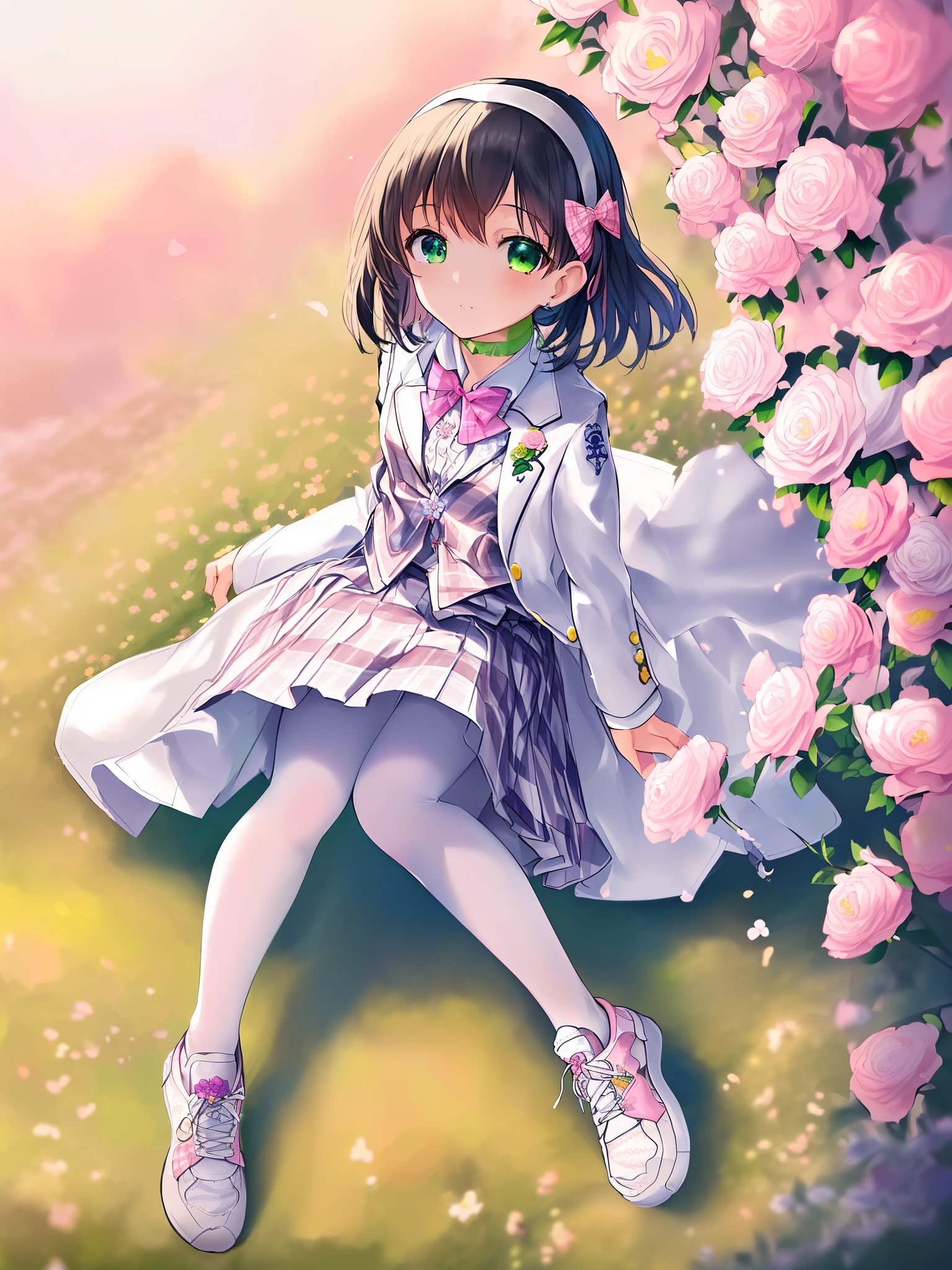 1 girl, solo, masterpiece, best quality, ultra resolution, ultra high details, 8k unity, (anatomically correct:1.3), (petite loli:1.5), (full body:1.2), (black hair:1.2), grey eyes, (hair below shoulder:1.3), (present forehead:1.3), high quality eyes, high quality hands, (white collared shirt:1.6), (pink suit jacket with embroidered flowers:1.6), (long sleeves:1.3), frilled sleeves, (outfit open:1.6), (white plaid skirt:1.5), (wide hairband:1.3), (pink bow:1.5), (white pantyhose:1.3), (white pink sports shoes:1.3), (green choker:1.5), (urban lane:1.3), (sunny sky:1.2), from above, high quality background, detailed background