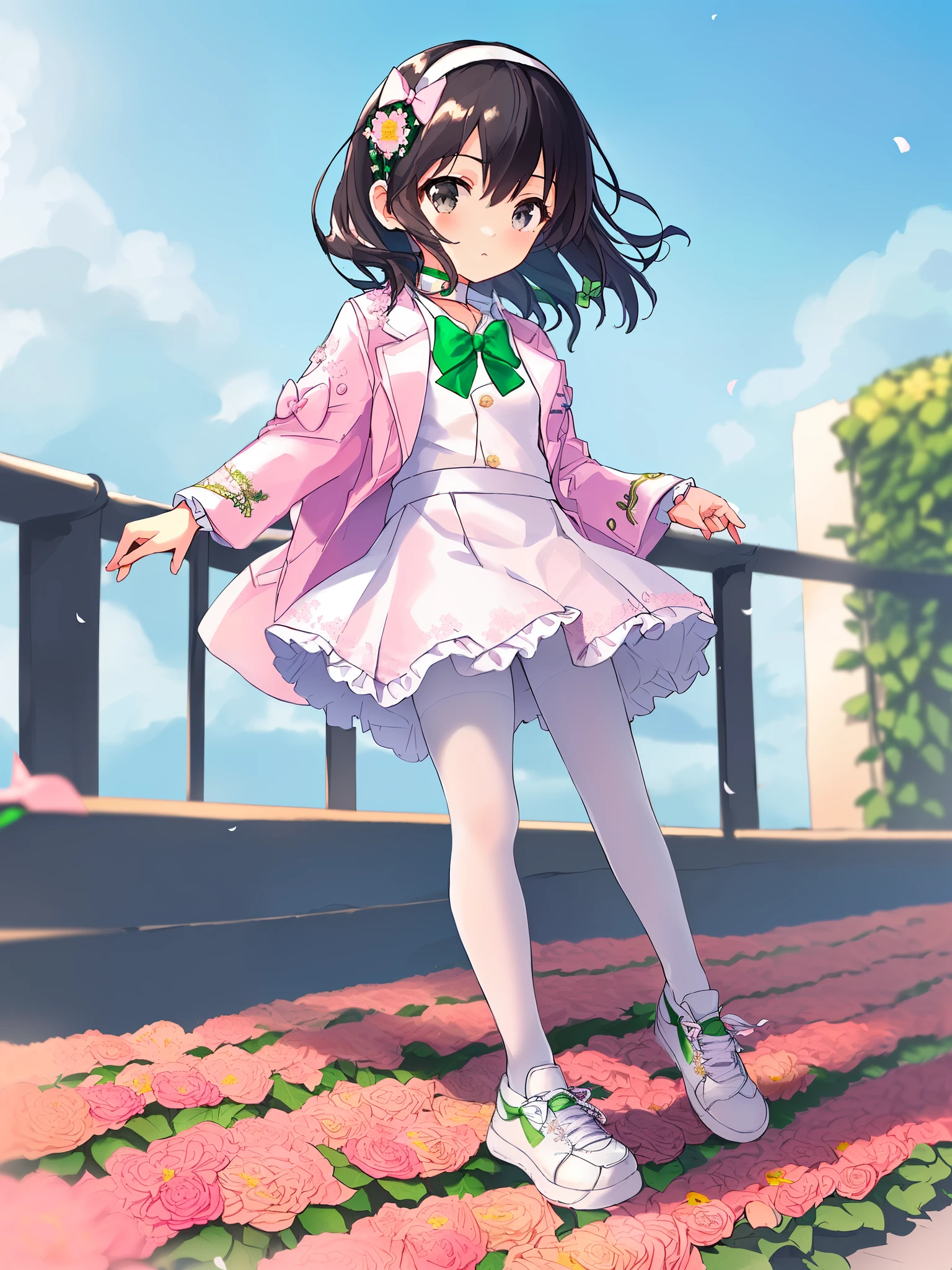 1 girl, solo, masterpiece, best quality, ultra resolution, ultra high details, 8k unity, (anatomically correct:1.3), (ite girl:1.5), (full body:1.3), black hair, grey eyes, (medium hair:1.5), high quality eyes, high quality hands, (white collared shirt:1.5), (short pink suit jacket:1.3), (suit jacket with embroidered flowers:1.5), (frilled sleeves:1.3), (outfit open:1.6), (short white plaid skirt:1.3), (wide hairband:1.3), (pink bow:1.3), (white pantyhose:1.5), (white sports shoes:1.3), (green choker:1.45), (urban lane:1.3), (sunny sky:1.2), flower flakes, high quality background, detailed background
