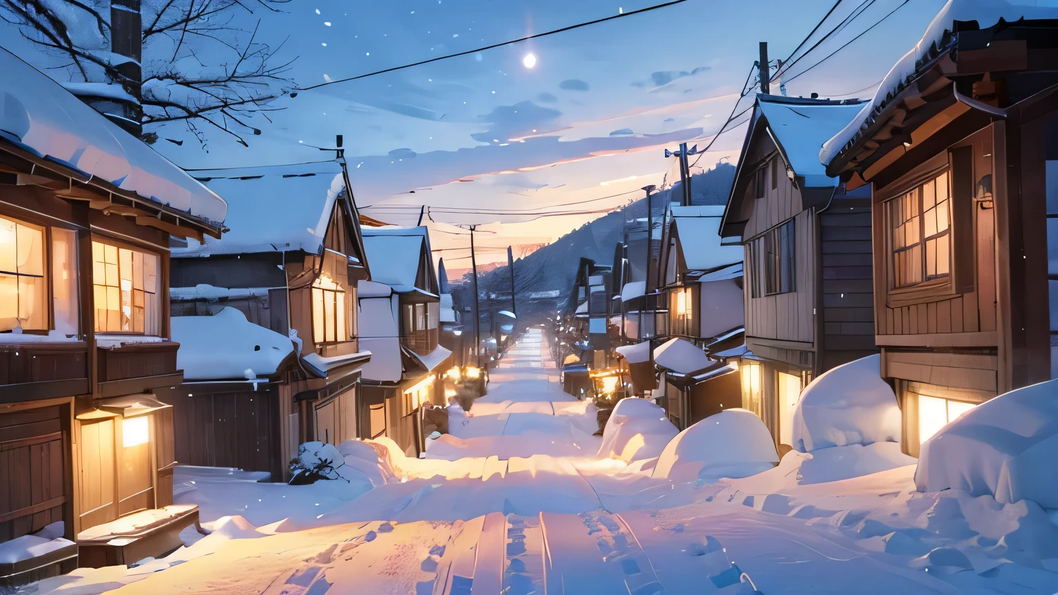 Snowy street with houses and lights in the middle of a town - SeaArt AI