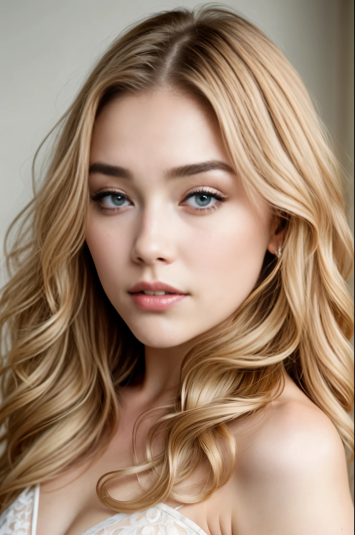 Masterpiece, a breathtakingly beautiful woman poses confidently in a plunging, high-detail, sexy striped dress that accentuates her erotic allure (as if channeling the enchanting charm of Florence Pugh, 0.2). Her skin, textured with a subtle complexity (1.1), showcases the intricacies of her pores (1.2), complementing the captivating intricacy of her high-detail face. Her very long, curly blonde hair cascades in luscious waves, framing her mesmerizing visage. This exquisite work of art, bestowed with the highest quality and ultra-detailed analog style