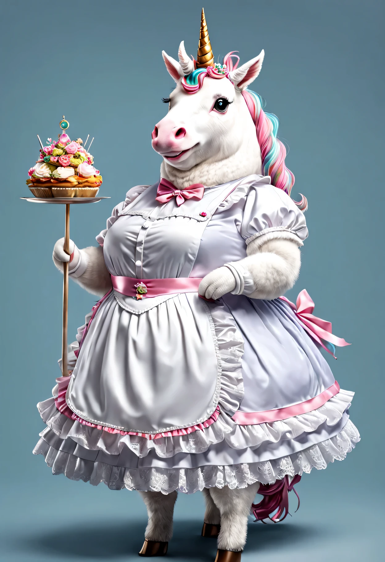 photorealistic portrait of Dressed animals - a ((fat)) unicorn maid,(elegant pose), high quality,(lovely) ,intricate details, highly detailed ((maid clothes)) ,,highly detailed decorations, long tail , (happy), studio lighting,(full body image:1.5)