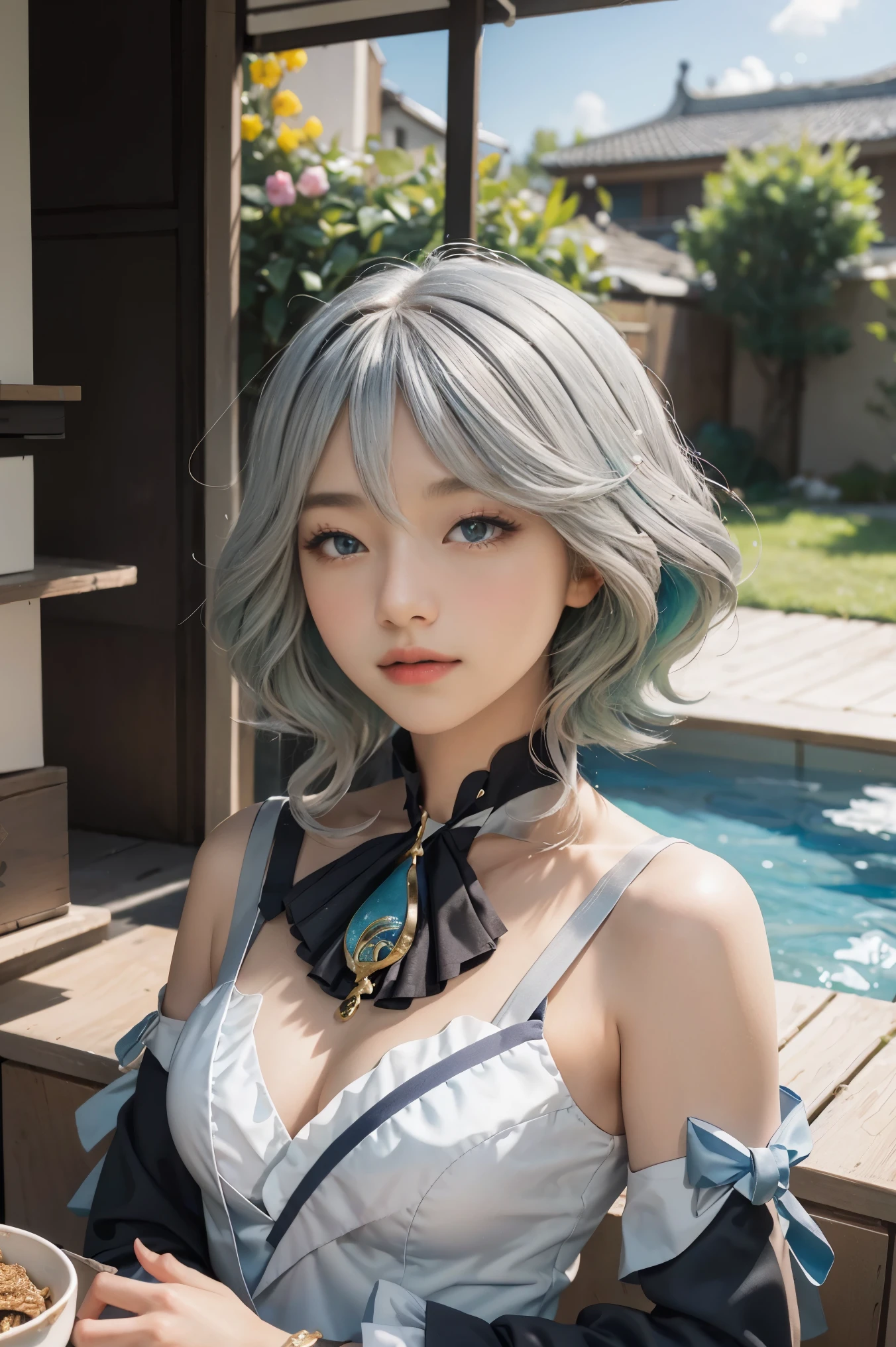 (photorealistic:1.4), (masterpiece, sidelighting, finely detailed beautiful eyes: 1.2), masterpiece*portrait, realistic, 3d face, nahida \(genshin impact\), 1girl, ahoge, architecture, By bangs,Bare shoulders,Bell,black glove,(Black tights, light silver hair, green hairpin),Blushlush,Beautiful small breasts,Chinese knot,the sleeve,flower knot, light silver hair,Look at the audience,middlebreast,Neckbells
