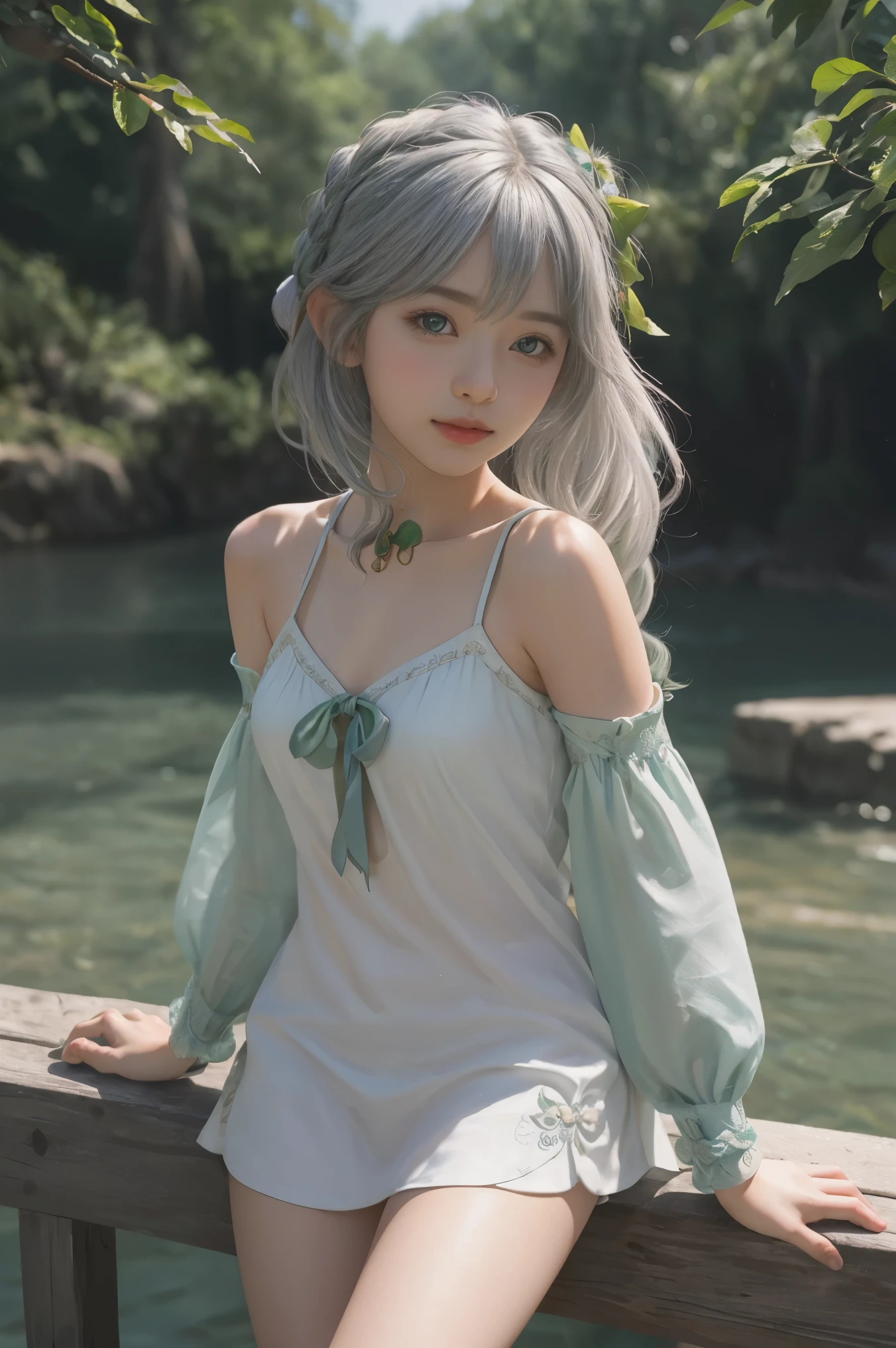 1Female elf, beautiful and charming in medieval fashion trend, full body: 1.6, holding flowers, random hairstyle, pointed ears, sitting under a tree, by the river, tight dress random color, light silver armor, upper back, wind blowing hair, blue sky and white clouds, delicate sexy collarbone, covering the chest, charming goose egg face, double eyelids, intelligent peach blossom eyes, pink lips, small upturned nose, bare shoulders, focused face, close up face, ultra-high definition, super detail, ultra-fine translucency, cool and good, transparent, pink