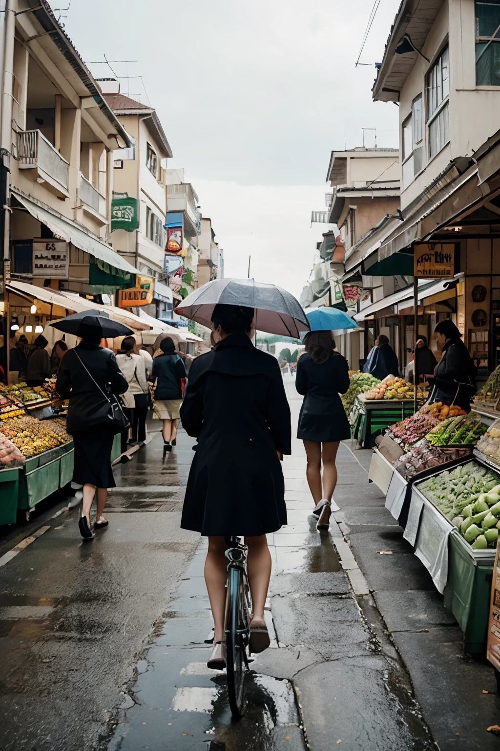 Housewife holding umbrella Go shopping at the market, ride a bicycle, there are a lot of cars parked in the market and a lot of people walking.