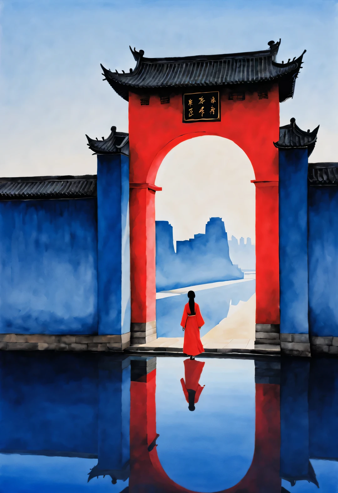 minimalist composition，The main color is Chinese red、indigo，gouache art，Studio photos，Silhouette of ancient Chinese red arched city gate，A Chinese woman with long hair and red clothes is standing there，like walking into the city gate，Looking at the blue sky in the distance ， reflection，diffusion gradient，Sense of space ，sense of lines，translucent，matte texture，chenjialing，Liu Ye，Minimalism