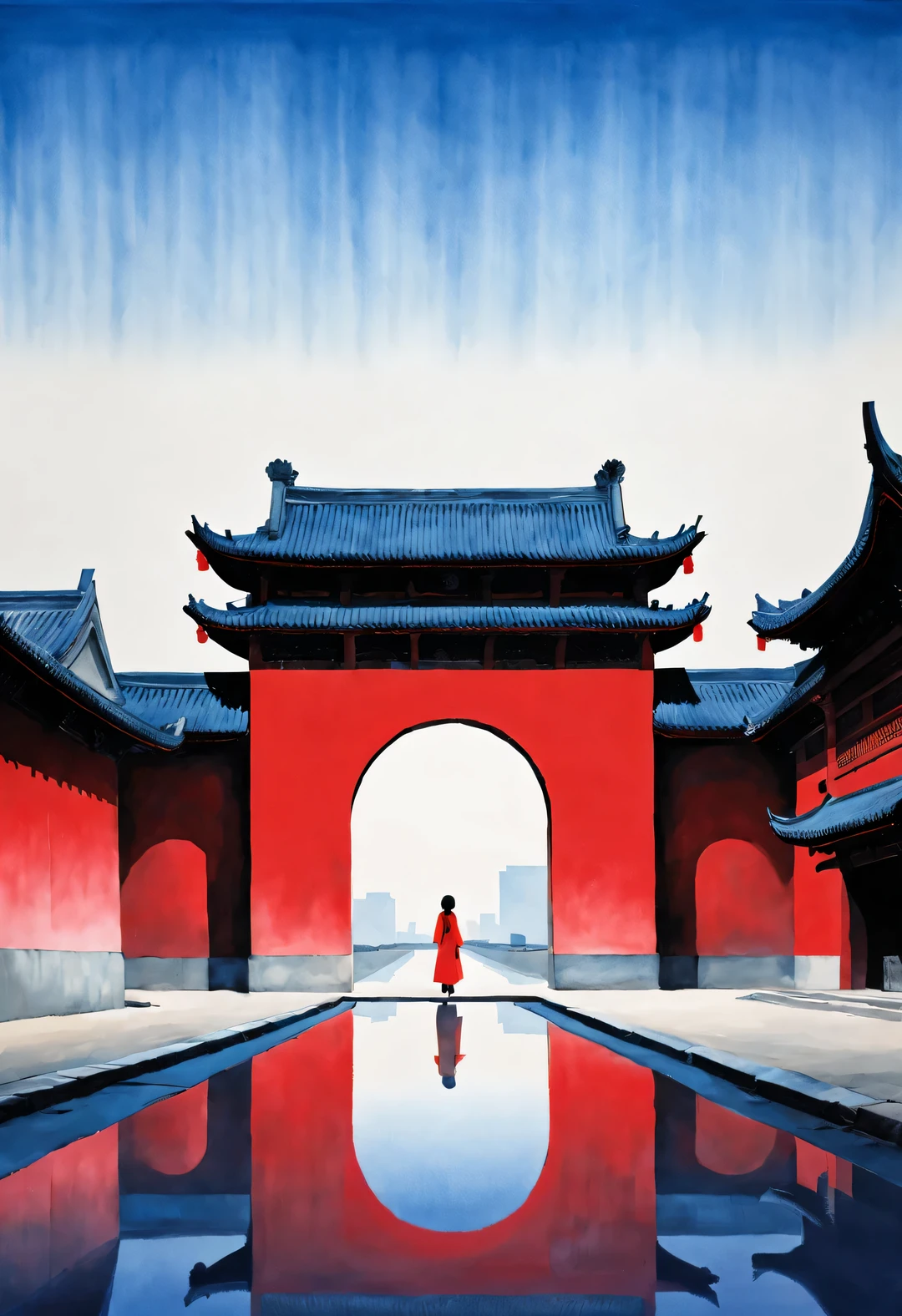 minimalist composition，The main color is Chinese red、indigo，gouache art，Studio photos，Silhouette of ancient Chinese red arched city gate，A Chinese woman with long hair and red clothes is standing there，like walking into the city gate，Looking at the blue sky in the distance ， reflection，diffusion gradient，Sense of space ，sense of lines，translucent，matte texture，chenjialing，Liu Ye，Minimalism