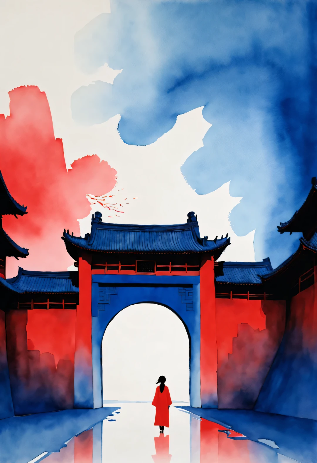 minimalist composition，The main color is Chinese red、indigo，gouache art，Studio photos，Silhouette of ancient Chinese red arched city gate，A Chinese woman with long hair and red clothes is standing there，like walking into the city gate，Looking at the blue sky in the distance ， reflection，diffusion gradient，Sense of space ，sense of lines，translucent，matte texture，chenjialing，Liu Ye，Minimalism