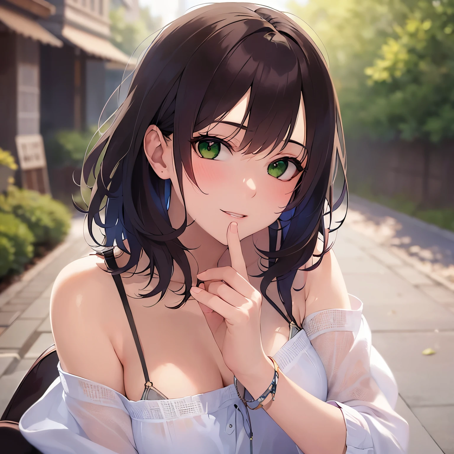 Hands are put to the mouth、side angle, cinematic angle, cowboy shot, Realistic, real person, RAW photo, photorealistic, portrait photography, shiny skin, japanese idol、(20 year old woman with bangs), (green eyes:1.5) and (brown hair) and (bob cut) and (wavy hair), wearing a white off-shoulder blouse、smile, (blush:1.3), Alone、The background is a park