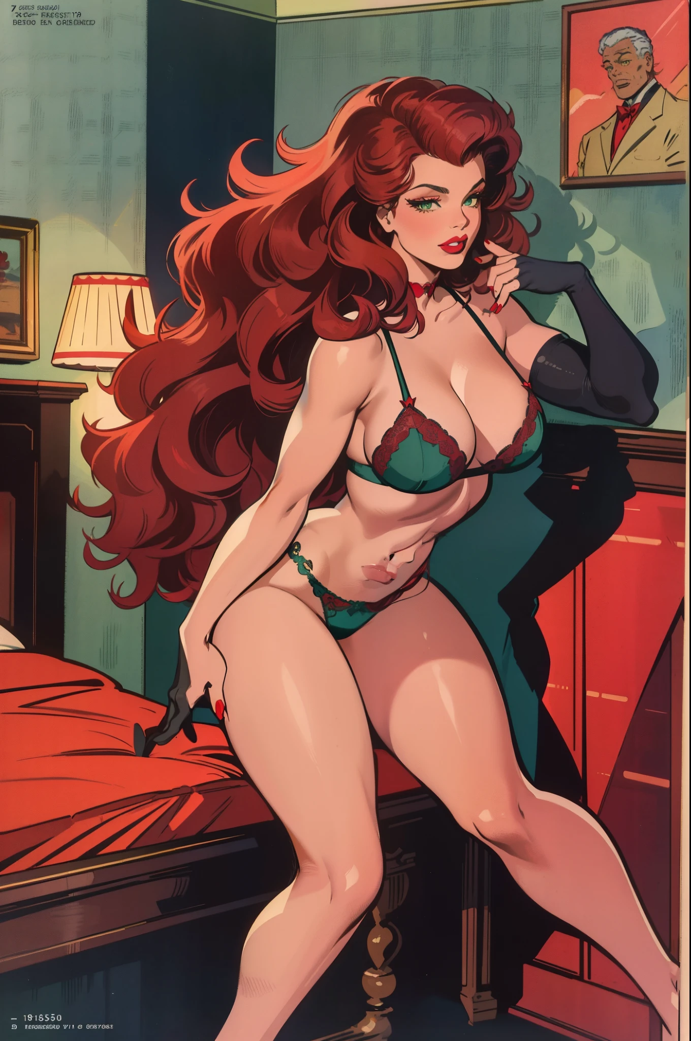 (masterpiece),(best quality),(ultra-detailed),(best illustration),(best shadow),(absurdres),(detailed background), Full body shot, 1 women, long red hair, 1950s, y lingerie , black eyeshadow, red lipstick, green eyes, 1950's elegant bedroom background, 50's aesthetic, Sexose,