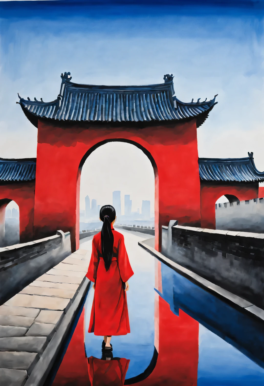 minimalist composition，The main color is Chinese red、indigo，gouache art，Studio photos，Silhouette of ancient Chinese red arched city gate，A Chinese woman with long hair and red clothes is standing there，like walking into the city gate，Looking at the blue sky in the distance ， reflection，Sense of space ，sense of lines，translucent，matte texture，chenjialing，Liu Ye，Minimalism