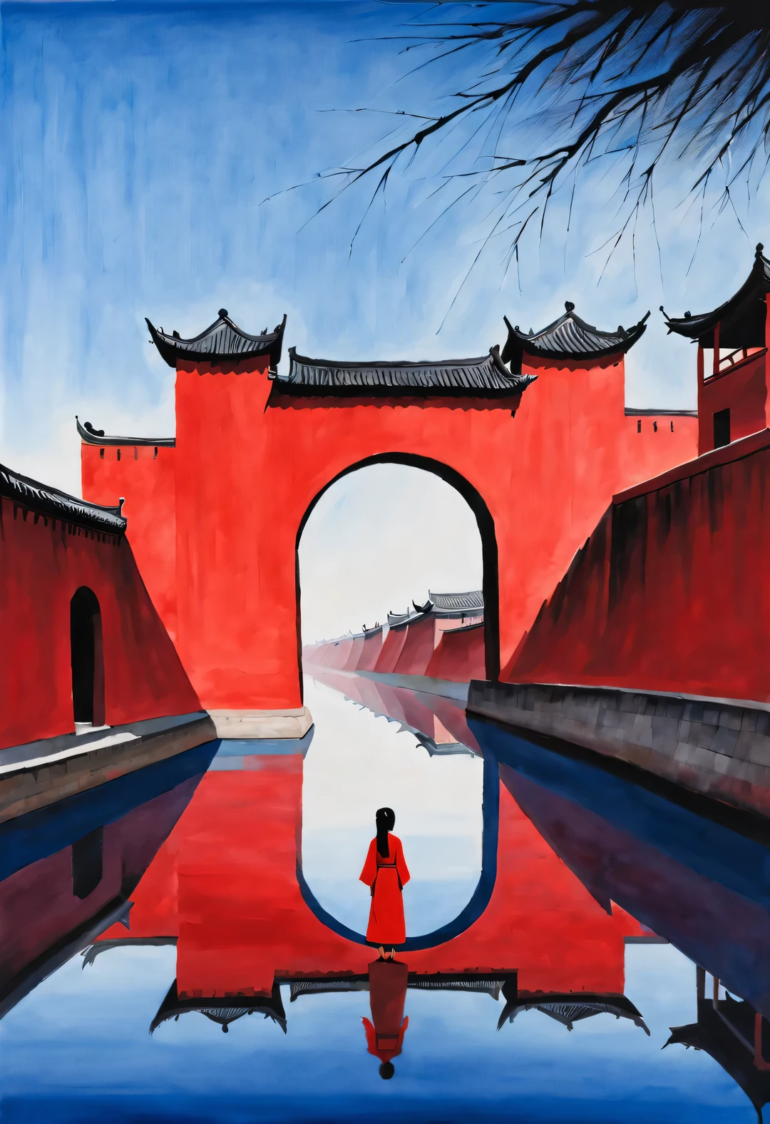 minimalist composition，The main color is Chinese red、indigo，gouache art，Studio photos，Silhouette of ancient Chinese red arched city gate，A Chinese woman with long hair and red clothes is standing there，like walking into the city gate，Looking at the blue sky in the distance ， reflection，Sense of space ，sense of lines，translucent，matte texture，chenjialing，Liu Ye，Minimalism