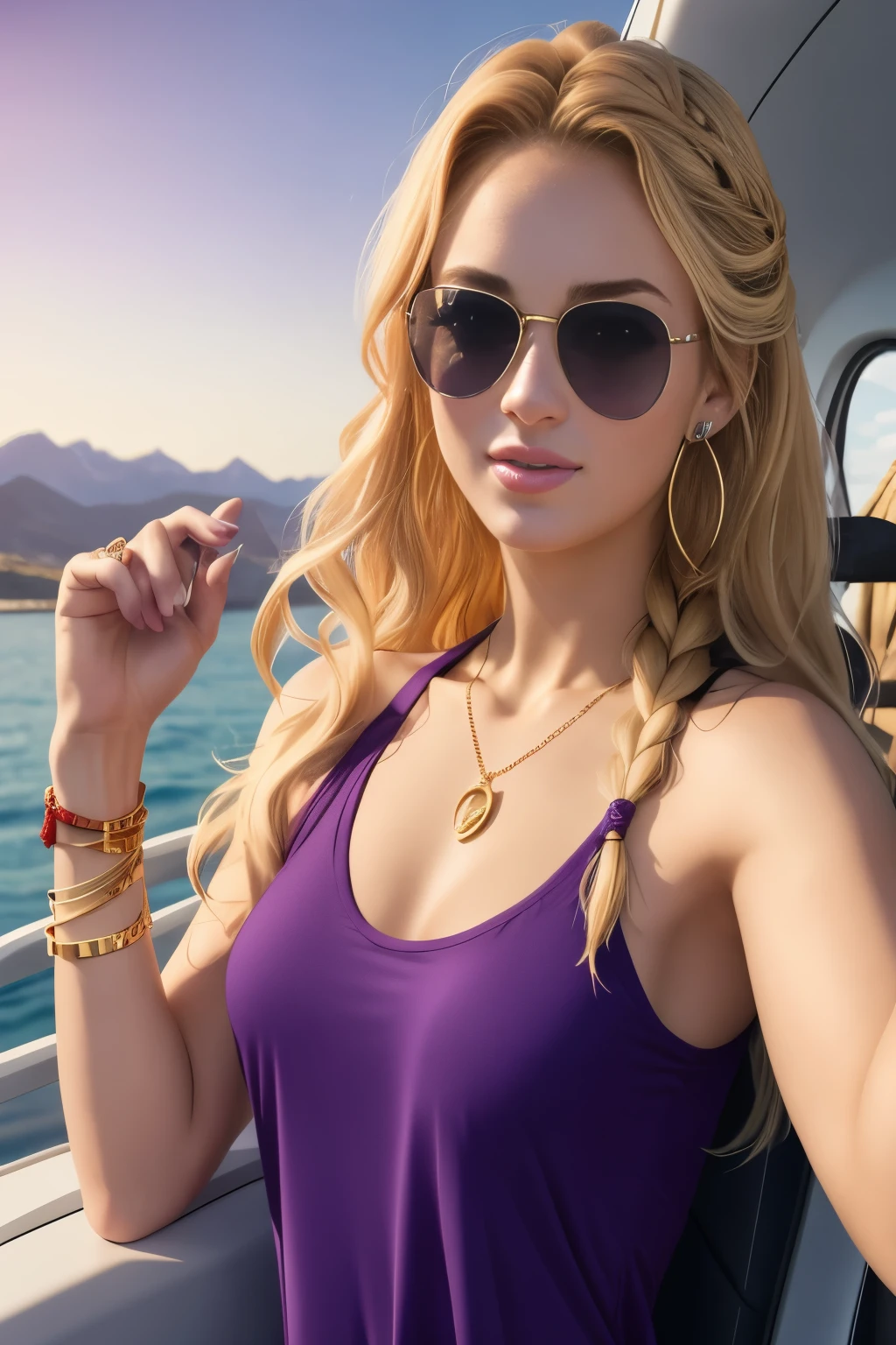 Blonde woman in purple t-shirt and sunglasses on a boat with mountains in the background, usando una cadena de oro, hermosa chica rubia, mujer hermosa, Real Photoshoot Queen of Oceans, diosa rubia, Usar gafas de sol de Versace, Annasophia Robb como Afrodita, hermosa mujer rubia, usando cadena de oro, en un barco, chica sophie turner, rubia hermosa mujer joven, Jewelry gold
