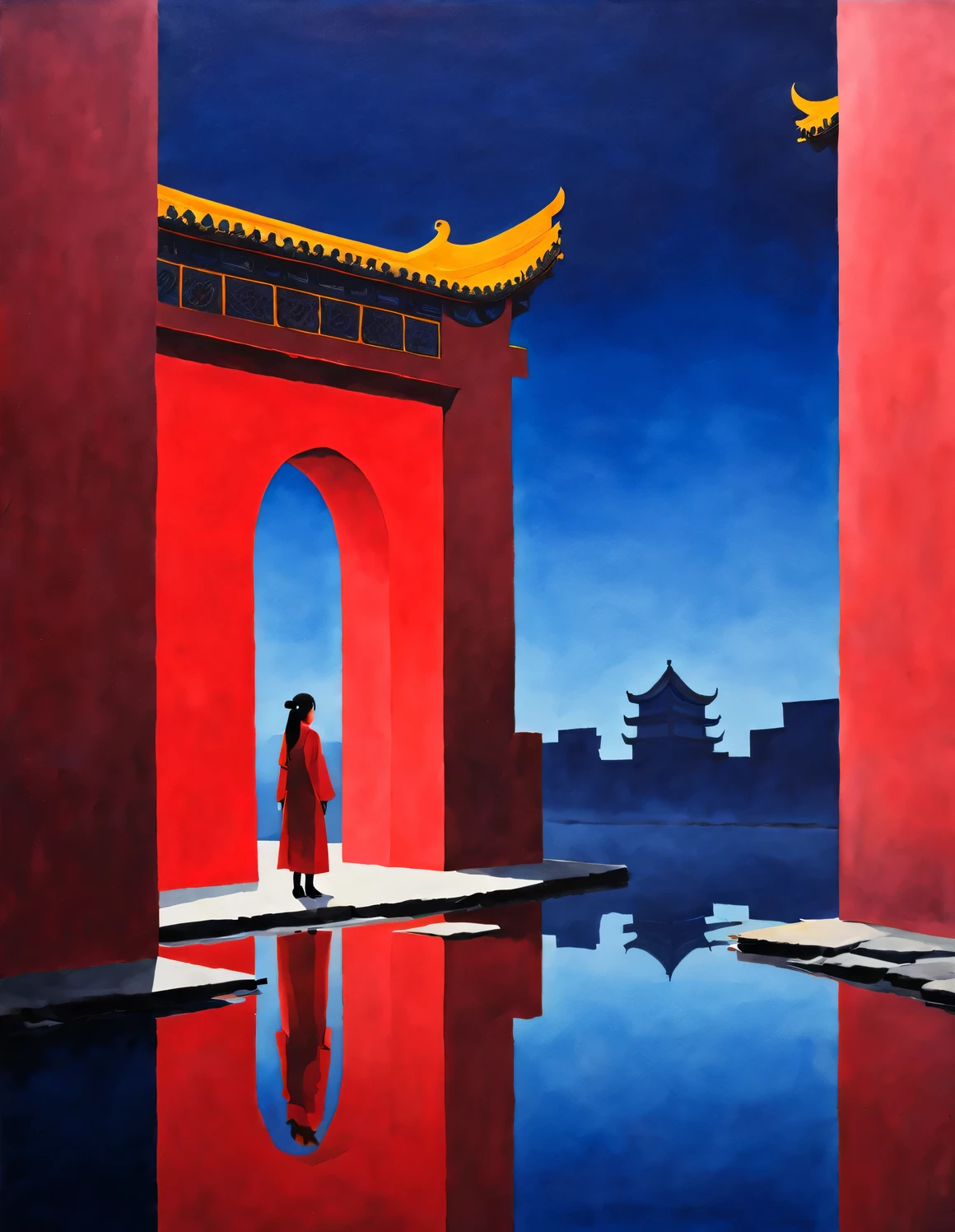 minimalist composition，The main color is Chinese red、indigo，gouache art，Studio photos，Silhouette of ancient Chinese red arched city gate，A Chinese woman with long hair and red clothes is standing there，it&#39;like walking in the door，看着远处indigo的天空 ， reflection，diffusion gradient，Sense of space ，sense of lines，translucent，matte texture，chenjialing，Liu Ye，Minimalism