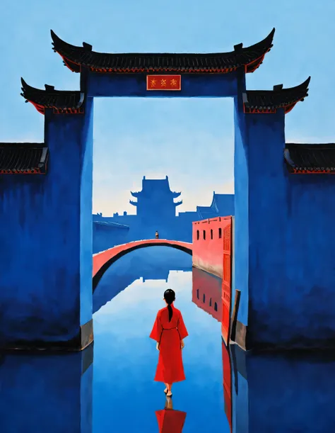 minimalist composition，the main color is chinese red、indigo，gouache art，studio photos，silhouette of ancient chinese red arched c...