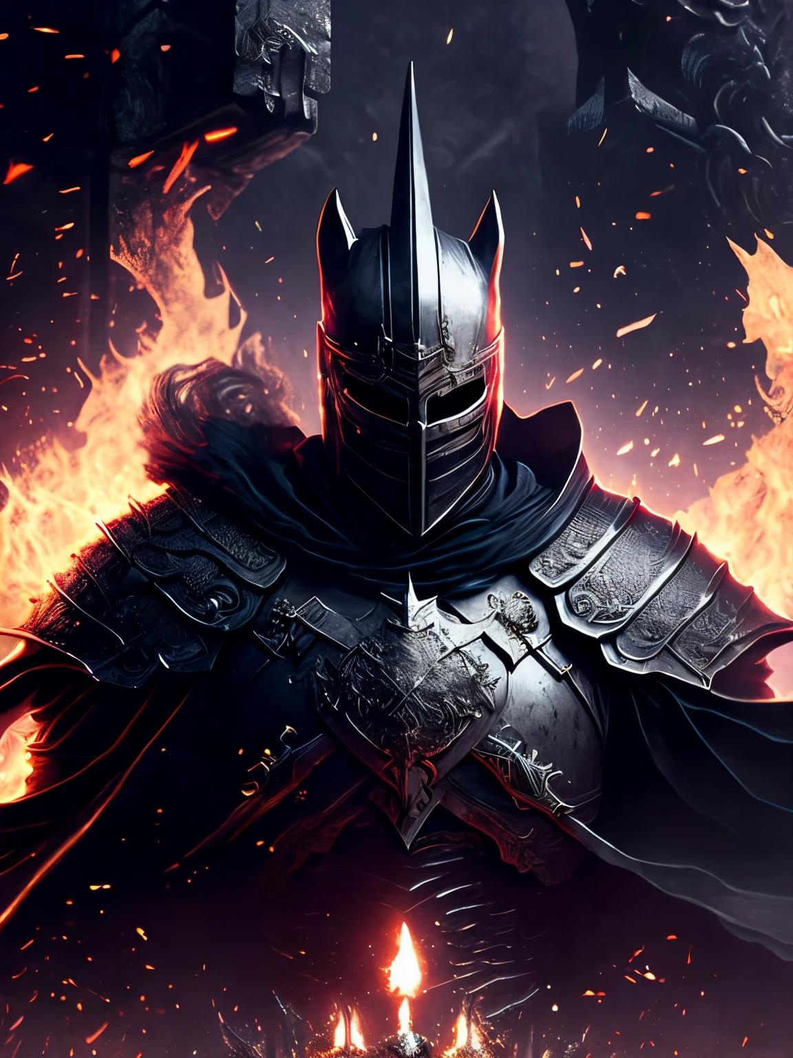 Close-up ( dark souls 3 poster in Goth style: 1.3) emerging from the darksouls 3 PC game, extremely detailed, smoke, sparks, metal shavings, flying debris, volumetric light
