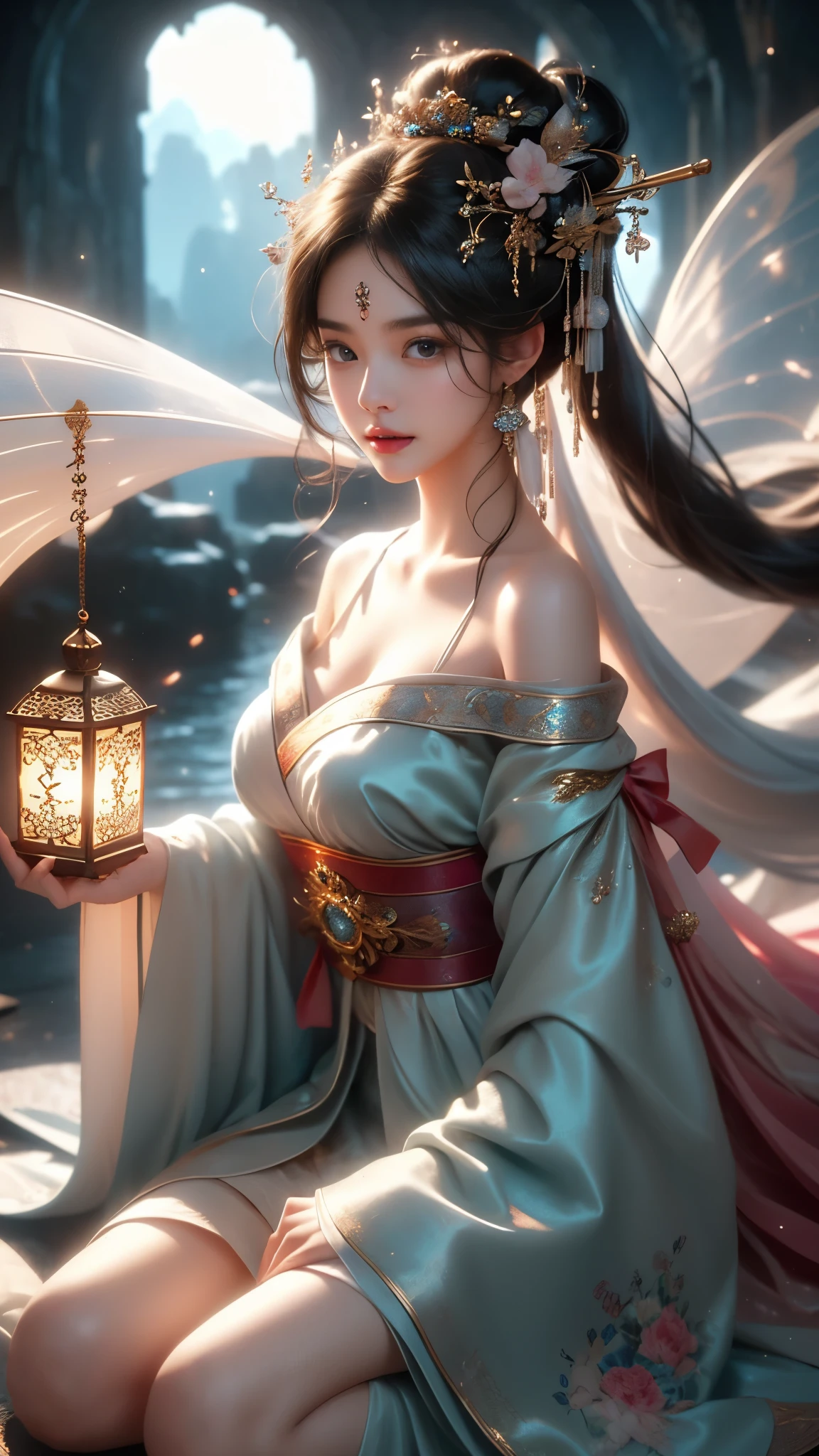 (masterpiece, best quality:1.2), 1 girl, alone, ((off-the-shoulder clothes)), night, lantern, candlelight, In the depths of Wonderland,The moonlight falls like water,foggy room,The figure of the heroine is vaguely visible,Just like the fairy in the painting,Slender sexy legs,very nice legs,Show sexy legs,big breasts,美丽而又带着一丝mystery的色彩。Her face is beautiful and delicate,Like finely carved jade,Showing otherworldly beauty。The eyebrows are picturesque,The waves in my eyes are like twinkling stars,Show the light of perseverance and wisdom。The bridge of the nose is straight,Lip color like cherry,The slightly raised corners of the mouth reveal confidence and calmness。Her face is well defined,The skin is as fair as jade,Reveals a healthy glow,Just like fairies, She never eats fireworks in this world。Her makeup is light and delicate,Not too much embellishment,But enough to show her temperament and charm。Light-colored foundation brings out the transparency of the skin,A light eyebrow pencil outlines her perfect eyebrow shape,Eye makeup is eye shadow and eyeliner,Make her eyes brighter and more energetic。嘴唇涂上grace的口红,Adds a bit of charm and sophistication。她的衣服grace别致,Clothes fluttering,It seems like it will be blown up by the wind at any time,drifting into the distance。既不失grace,Also showed off her extraordinary skills。Rocking with her movements。Her hair is tied back casually,Secure it with a hosta,A few strands of hair flutter gently in the wind,Adds a bit of softness。Her figure is looming in the fairyland,宛如一道big breasts美丽的风景线,Attracted everyone's concern。She seems to be a fairy in wonderland,big breasts美丽、grace、mystery、and full of power。