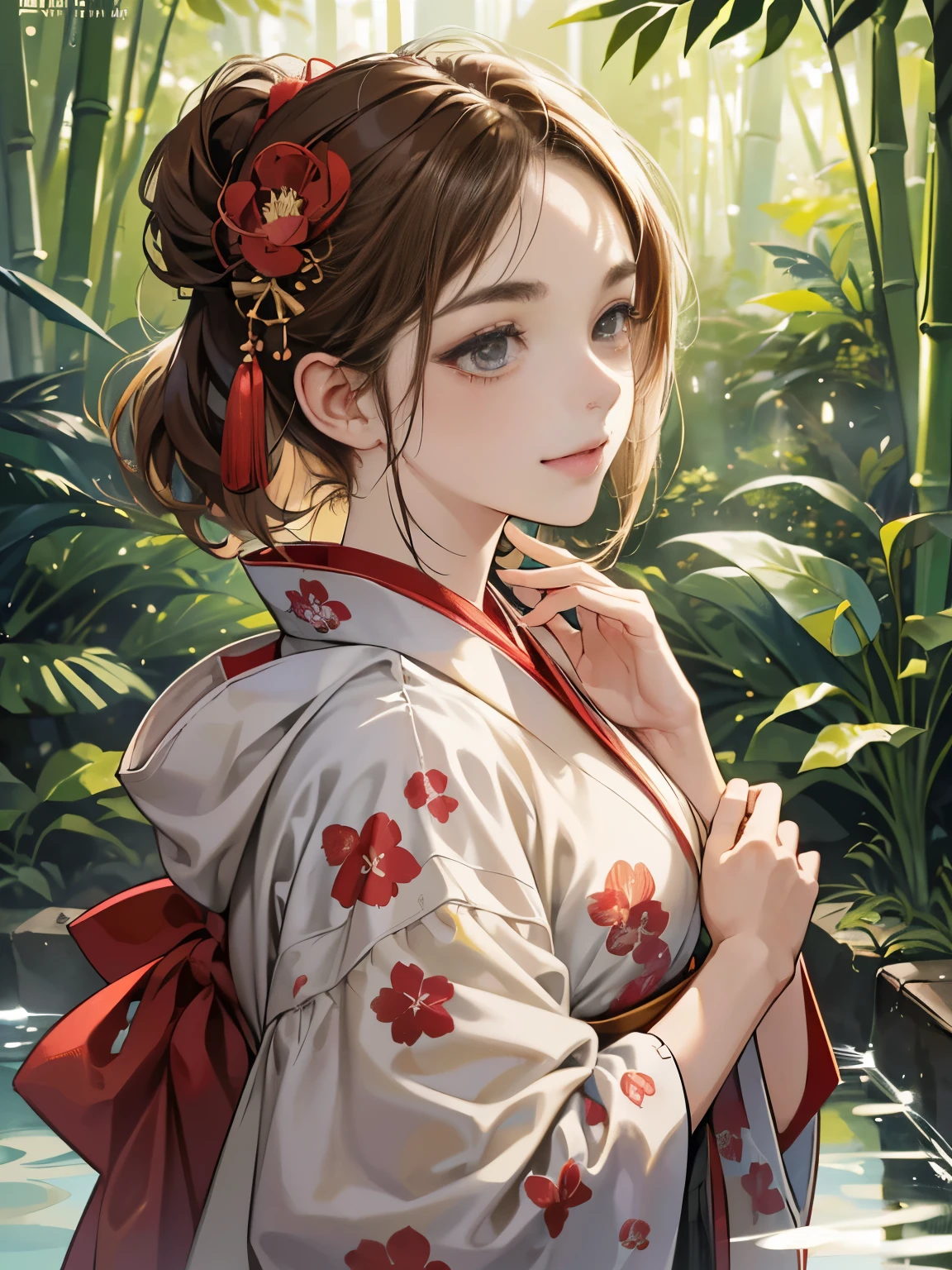 (masutepiece, Digital Art, Digital Illustration, 4K, 8K, Ultra-detailed, beautiful image, Sharp Image, Photorealistic, Raw photo, Perfect face, Perfect lines, Perfect eyes, Soft lighting) 1 woman, (lightbrown hair,Chignon hair in a high position,Innocent look,Lowered eyebrows,drooping eyebrows,drooing eyes,cute large eyes,natural make up,kindly smile,Round jaws,23 y-o woman:1.3),スーツ姿のハンサムなember性2人, (ember,ember性はスーツ姿,well-muscled,Firm shoulder width, emberの,Boyish hairstyle,English gentlemanly style,クールな表情の30代ember性,明るい笑顔の28歳ember性:1.2),(Nervous,be shy,sleepy,embarrassed from:1.2),innocent smiles,(embarrassed from,Shy smile:1.1),Deep in the forest、hideout、Hot Spring Ryokan、Japan Traditional Night Kimono,Kimono with red peony pattern isolated on white background、Floral hair ornament,raise arms,Walk,appearance、bamboo forest garden、outdoor bath、the kiss、a couple、a couplethe kiss、Romance、the kiss、Take off your kimono and soak in the hot spring