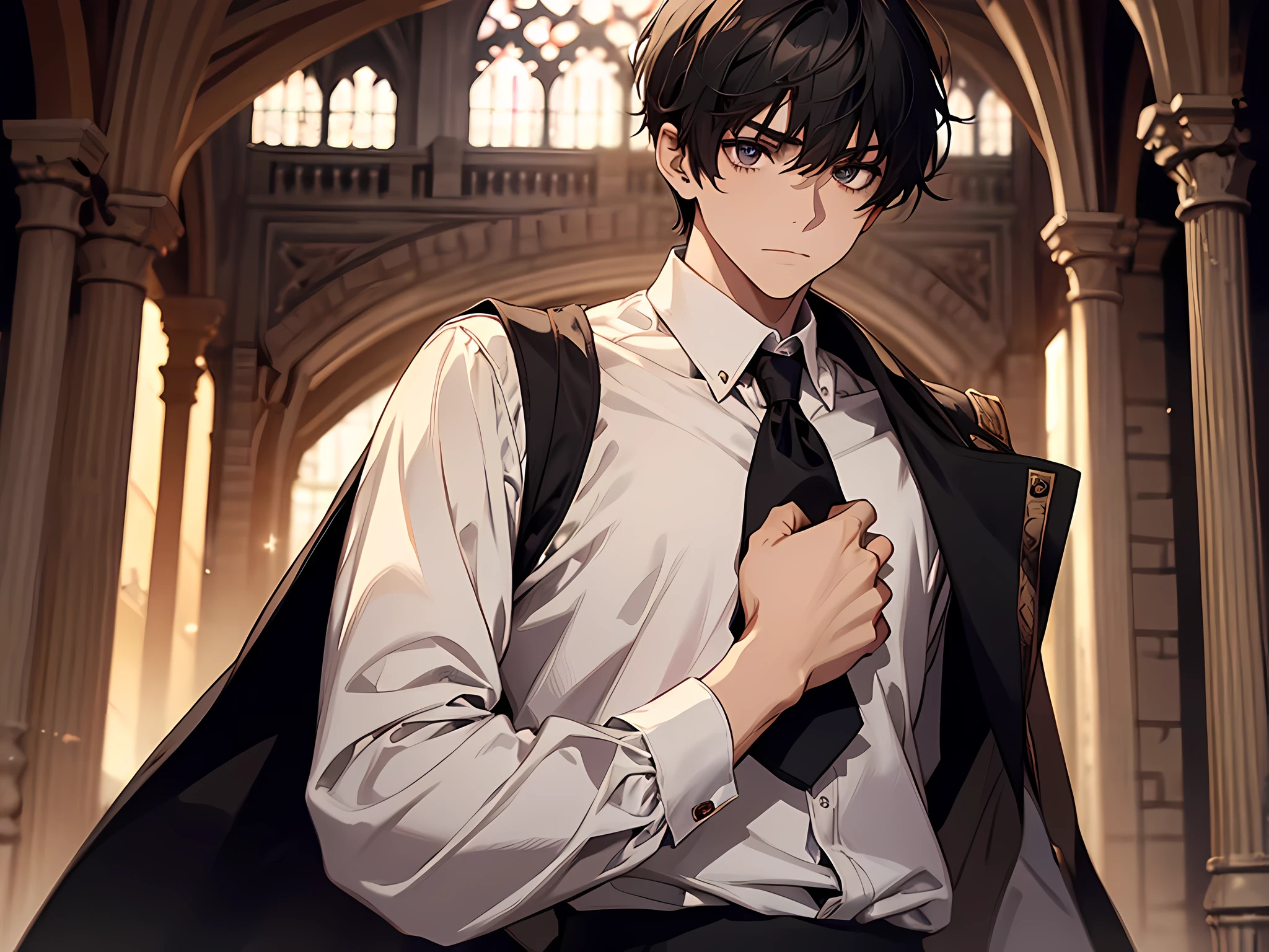 1 school boy, wearing white shirt, weak body, weak face, skinny face, skinny body, short hair, black hair, standing in front of magic school, medieval era magic shool, half-body illustration, camera angle equal to character