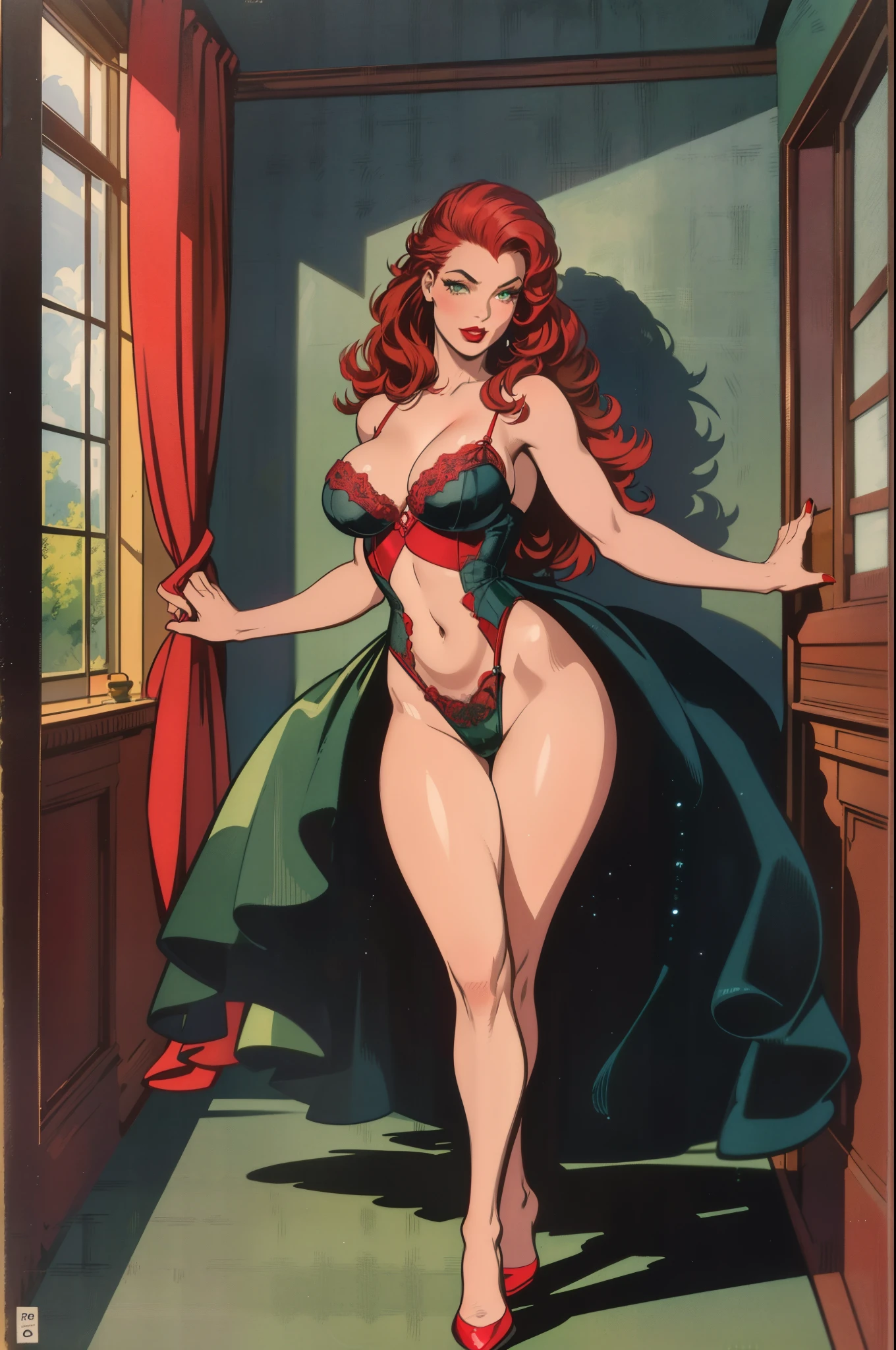 (masterpiece),(best quality),(ultra-detailed),(best illustration),(best shadow),(absurdres),(detailed background), Full body shot, 1 women, long red hair, 1950s, sexy lingerie, black eyeshadow, red lipstick, green eyes, 1950's elegant bedroom background, 50's aesthetic, Sexy pose,