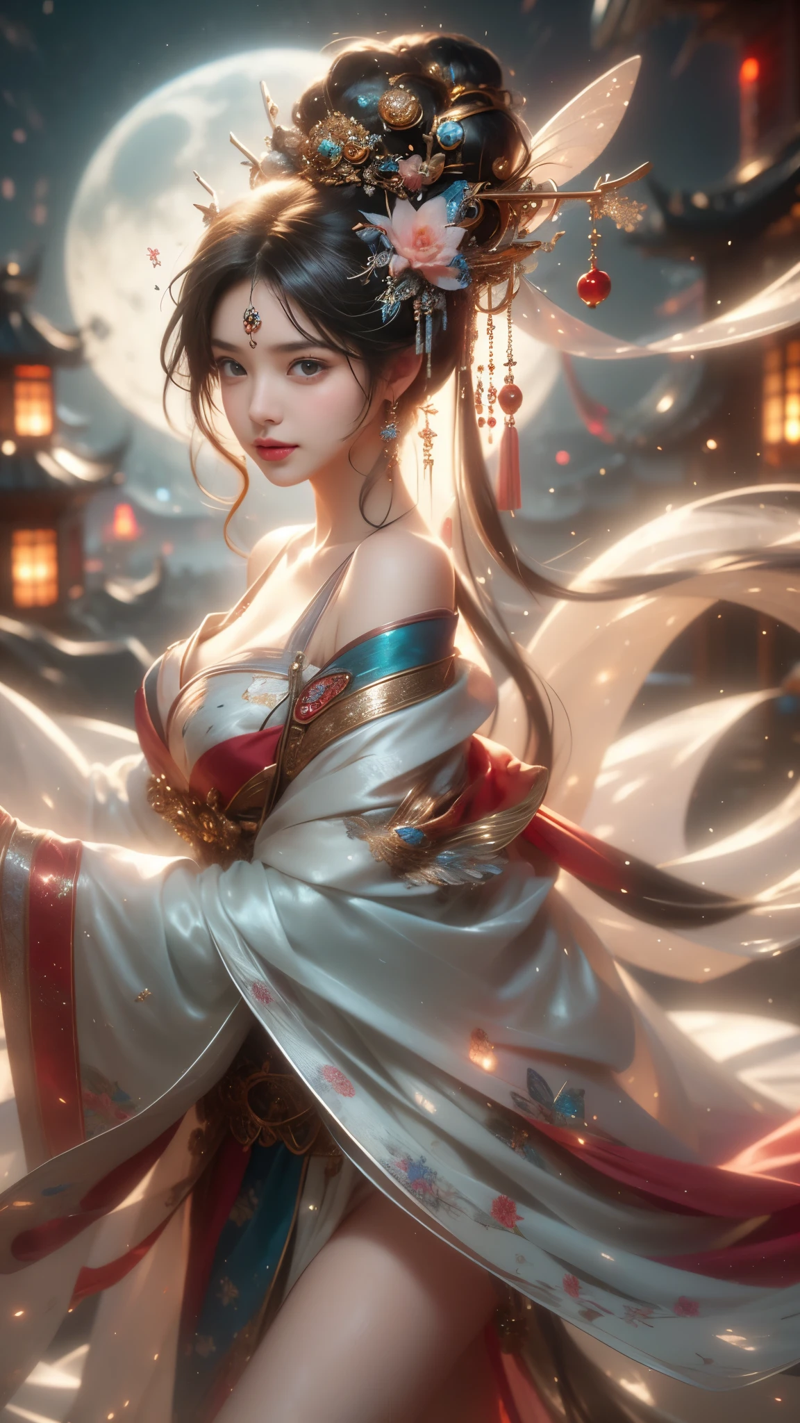 (masterpiece, best quality:1.2), 1 girl, alone, ((off-the-shoulder clothes)), night, lantern, candlelight, In the depths of Wonderland,The moonlight falls like water,foggy room,The figure of the heroine is vaguely visible,Just like the fairy in the painting,Slender sexy legs,very nice legs,Show sexy legs,big breasts,美丽而又带着一丝mystery的色彩。Her face is beautiful and delicate,Like finely carved jade,Showing otherworldly beauty。The eyebrows are picturesque,The waves in my eyes are like twinkling stars,Show the light of perseverance and wisdom。The bridge of the nose is straight,Lip color like cherry,The slightly raised corners of the mouth reveal confidence and calmness。Her face is well defined,The skin is as fair as jade,Reveals a healthy glow,Just like fairies, She never eats fireworks in this world。Her makeup is light and delicate,Not too much embellishment,But enough to show her temperament and charm。Light-colored foundation brings out the transparency of the skin,A light eyebrow pencil outlines her perfect eyebrow shape,Eye makeup is eye shadow and eyeliner,Make her eyes brighter and more energetic。嘴唇涂上grace的口红,Adds a bit of charm and sophistication。她的衣服grace别致,Clothes fluttering,It seems like it will be blown up by the wind at any time,drifting into the distance。既不失grace,Also showed off her extraordinary skills。Rocking with her movements。Her hair is tied back casually,Secure it with a hosta,A few strands of hair flutter gently in the wind,Adds a bit of softness。Her figure is looming in the fairyland,宛如一道big breasts美丽的风景线,Attracted everyone's concern。She seems to be a fairy in wonderland,big breasts美丽、grace、mystery、and full of power。