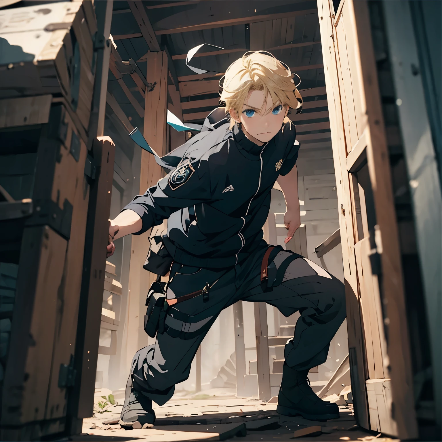 masterpiece, best quality, , 1boy, solo, male focus, looking at viewer, Full body, depth of field, anime coloring, realistic photo, blonde hair, aqua Blue eyes, camo Millitary Clothes, 