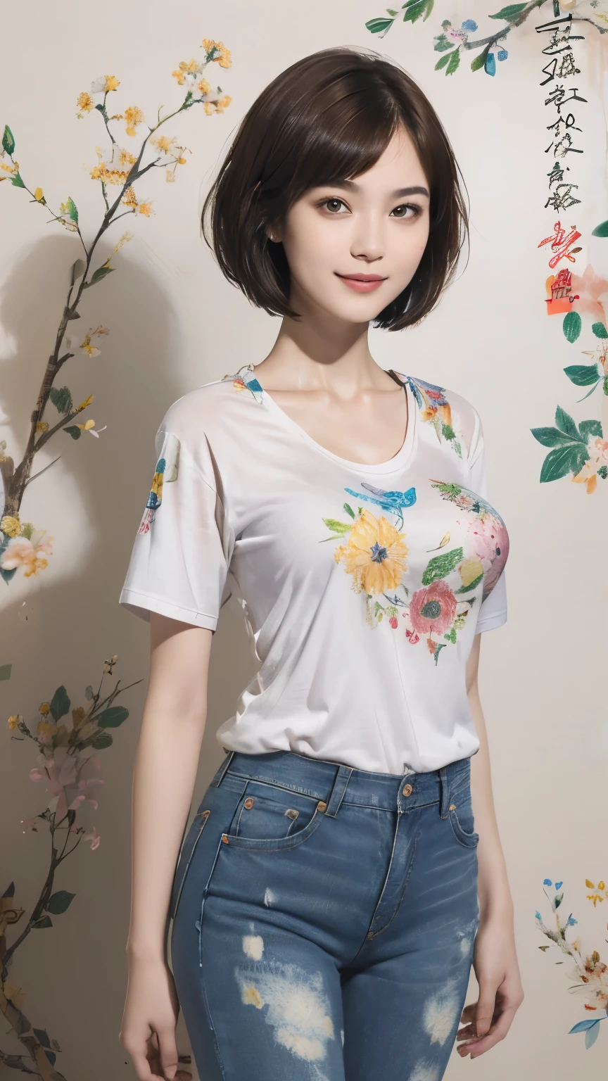 156
(Shorthair:1.46), (a 20 yo woman, standing), (A hyper-realistic), (Masterpiece), (8KUHD), (gentle smile), Slender waist, Wearing jeans, ((Floral Clothing - T-Shirts)), Wearing long pants, abstract splash painting, (doodle:1.46), (breasts:1.46), (口紅)
