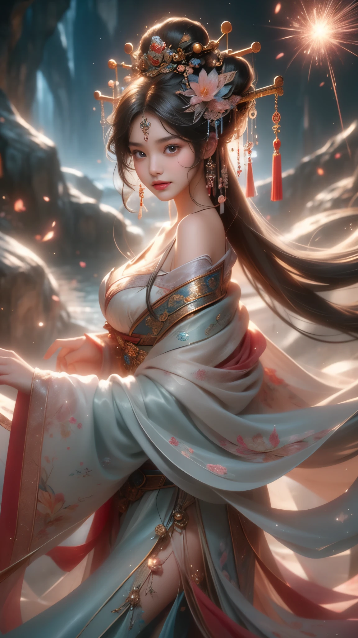 (masterpiece, best quality:1.2), 1 girl, alone, ((off-the-shoulder clothes)), night, lantern, candlelight, In the depths of Wonderland,The moonlight falls like water,foggy room,The figure of the heroine is vaguely visible,Just like the fairy in the painting,Slender sexy legs,very nice legs,Show sexy legs,big breasts,美丽而又带着一丝mystery的色彩。Her face is beautiful and delicate,Like finely carved jade,Showing otherworldly beauty。The eyebrows are picturesque,The waves in my eyes are like twinkling stars,Show the light of perseverance and wisdom。The bridge of the nose is straight,Lip color like cherry,The slightly raised corners of the mouth reveal confidence and calmness。Her face is well defined,The skin is as fair as jade,Reveals a healthy glow,Just like fairies, She never eats fireworks in this world。Her makeup is light and delicate,Not too much embellishment,But enough to show her temperament and charm。Light-colored foundation brings out the transparency of the skin,A light eyebrow pencil outlines her perfect eyebrow shape,Eye makeup is eye shadow and eyeliner,Make her eyes brighter and more energetic。嘴唇涂上grace的口红,Adds a bit of charm and sophistication。她的衣服grace别致,Clothes fluttering,It seems like it will be blown up by the wind at any time,drifting into the distance。既不失grace,Also showed off her extraordinary skills。Rocking with her movements。Her hair is tied back casually,Secure it with a hosta,A few strands of hair flutter gently in the wind,Adds a bit of softness。Her figure is looming in the fairyland,宛如一道big breasts美丽的风景线,Attracted everyone's concern。She seems to be a fairy in wonderland,big breasts美丽、grace、mystery、and full of power。