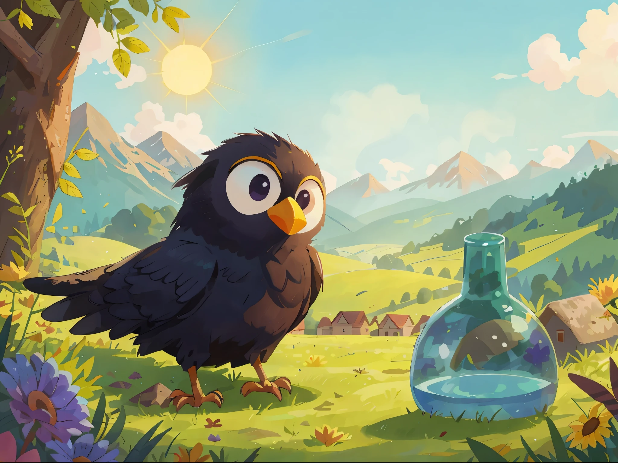 High quality, high-definition, details, crows drinking water, cartoons, illustrations,no humans, outdoors, scenery, flower, grass, sky, sun, tree, day, mountain, cloud, blue sky, yellow flower, sunlight, nature, sunflower, landscape, field, mountainous horizon