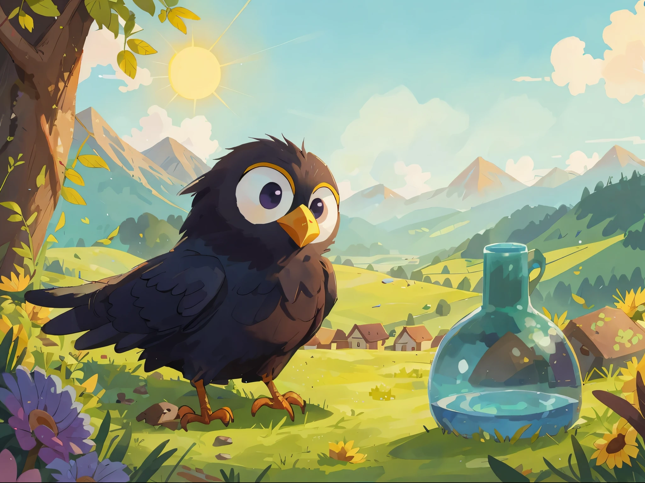 A crow is flying and sees a glass bottle with a small amount of water on the ground, grass, sky, grass with flowers, apple trees, ((stones), perfect quality, (Masterpiece: 1.2), (bokeh) (Best Quality) (Detailed Skin: 1.3) (Intricate Detail), (8K), (Eye Detail), (Clear Focus Stroke), (Happiness)