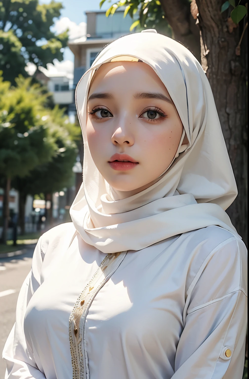 (Best quality, masterpiece, nikon RAW photo, 8k, Fujifilm), photorealistic, man and woman, 1girl, mature male, mature female, (hijab, white hijab:1.2) , casual colorful outfit, medium breast, professional lighting, dramatic lighting, medium close shot, (serious expression), emotionless, looking to viewer, outdoor, depth of field,