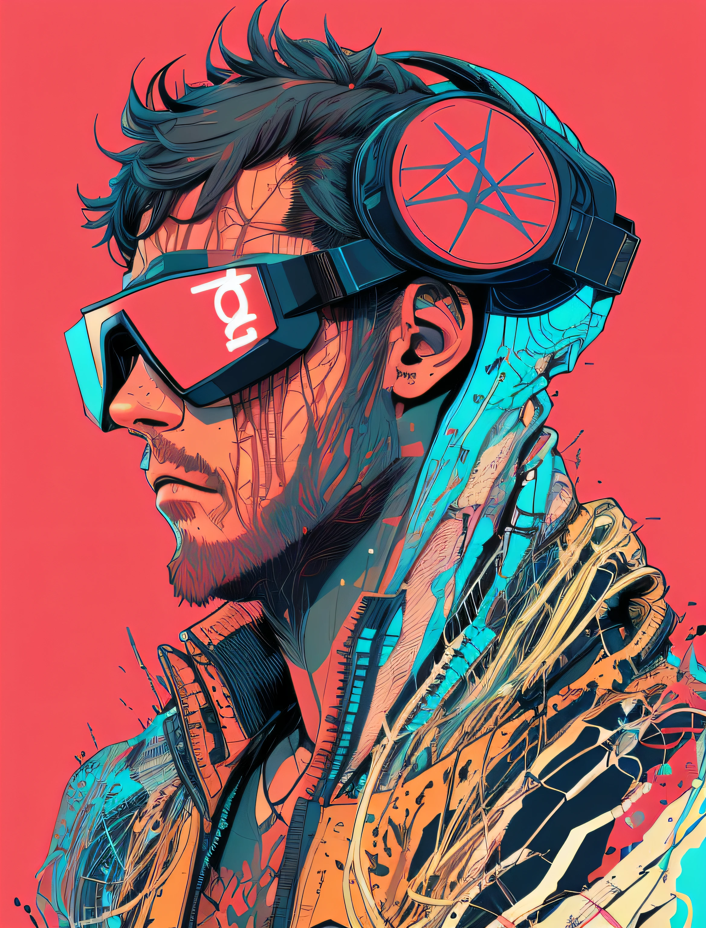 a close up of a person wearing goggles and a red background, cyberpunk art style, cyberpunk artstyle, cyberpunk themed art, cyber space cowboy, cyberpunk dude, cyberpunk illustration, detailed cyberpunk illustration, cyberpunk art, neonpunk, cyberpunk vibes, cyberpunk shading, in cyberpunk style, cyberpunk style color, advanced digital cyberpunk art, hyper-realistic cyberpunk style