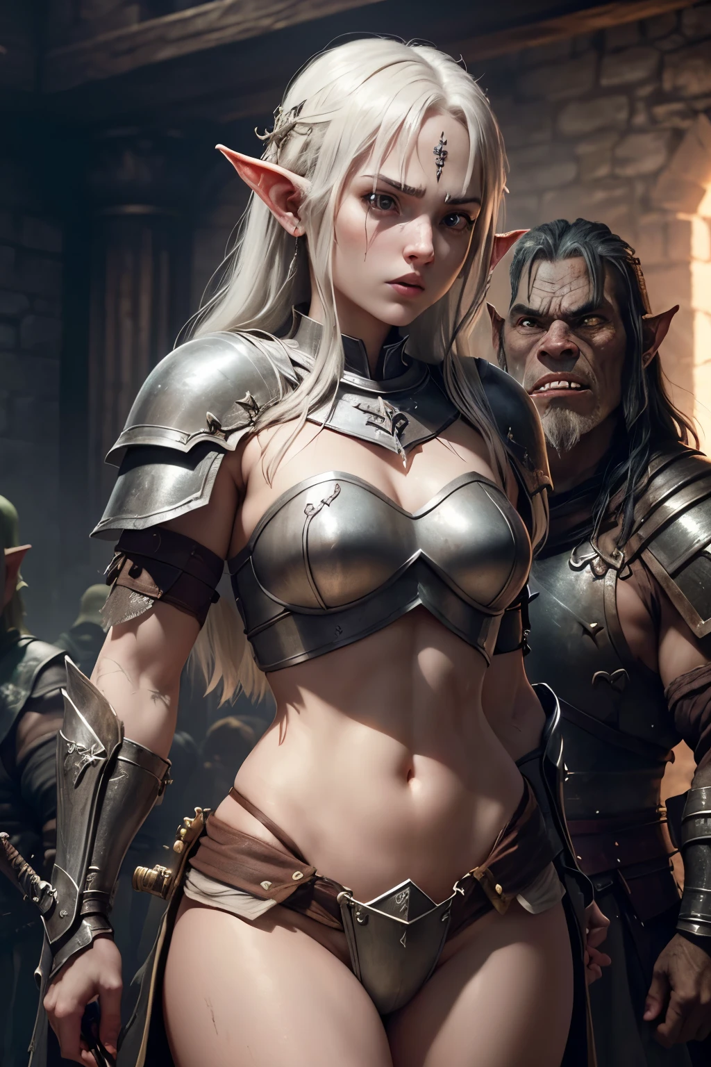 1 girl, 22 years old, alone, Slim, White skin, knight, sword, (She was captured by orcs:1.3), struggle, Angry, actual, Unreal Engine Rendering, Extremely detailed CG unity 8k wallpaper, (masterpiece:1,2), best quality, masterpiece, The original, (Very detailed wallpaper:1.331), perfect lighting, (Extremely detailed CG:1.2), , paint brushes,