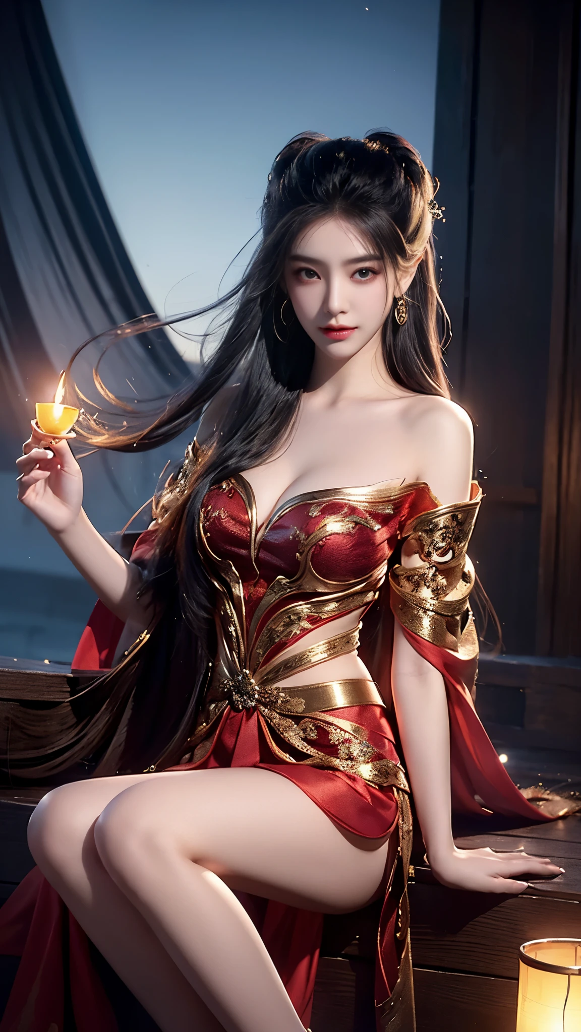 ylj, (masterpiece, best quality:1.2), 1 girl, alone, ((off-the-shoulder clothes)), ((night)), lantern, candlelight, In the depths of Wonderland，The moonlight falls like water，foggy room，The figure of the heroine is vaguely visible，Just like the fairy in the painting，Slender sexy legs，very nice legs，Show sexy legs，big breasts，美丽而又带着一丝mystery的色彩。Her face is beautiful and delicate，Like finely carved jade，Showing otherworldly beauty。The eyebrows are picturesque，The waves in my eyes are like twinkling stars，Show the light of perseverance and wisdom。The bridge of the nose is straight，Lip color like cherry，The slightly raised corners of the mouth reveal confidence and calmness。Her face is well defined，The skin is as fair as jade，Reveals a healthy glow，Just like fairies, She never eats fireworks in this world。Her makeup is light and delicate，Not too much embellishment，But enough to show her temperament and charm。Light-colored foundation brings out the transparency of the skin，A light eyebrow pencil outlines her perfect eyebrow shape，Eye makeup is eye shadow and eyeliner，Make her eyes brighter and more energetic。嘴唇涂上grace的口红，Adds a bit of charm and sophistication。她的衣服grace别致，Clothes fluttering，It seems like it will be blown up by the wind at any time，drifting into the distance。既不失grace，Also showed off her extraordinary skills。Rocking with her movements。Her hair is tied back casually，Secure it with a hosta，A few strands of hair flutter gently in the wind，Adds a bit of softness。Her figure is looming in the fairyland，宛如一道big breasts美丽的风景线，Attracted everyone&#39;s concern。She seems to be a fairy in wonderland，big breasts美丽、grace、mystery、and full of power。