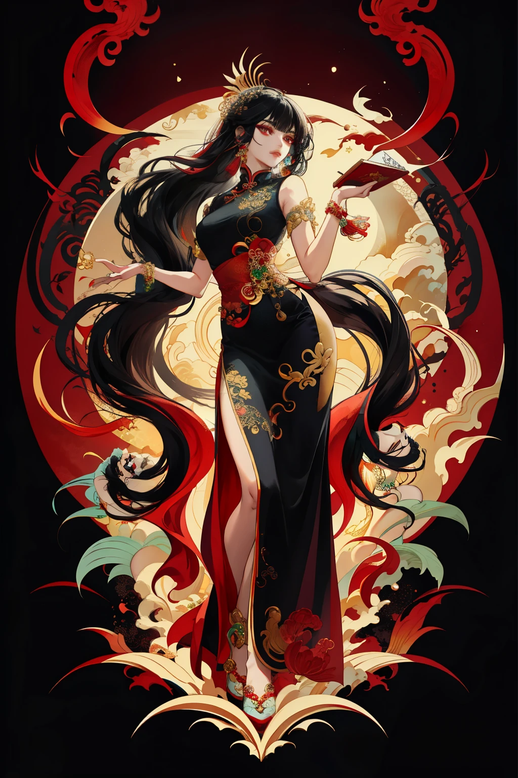 A bewitching Chinese-style beauty, with a captivating posture, holds a vibrant red card in her hand. Her intricately detailed features include almond-shaped, heavily lidded eyes, a sharp jawline, and a tiny button nose. Her long, raven-black hair cascades down her back in soft waves, adorned with delicate jade accessories.

The full body image is bathed in soft moonlight, revealing an elegant qipao that hugs her curves in all the right places. Her skin is radiant and flawless, glowing under the ethereal lighting. Her bracelets and anklets chime gently as she moves, adding to the en
